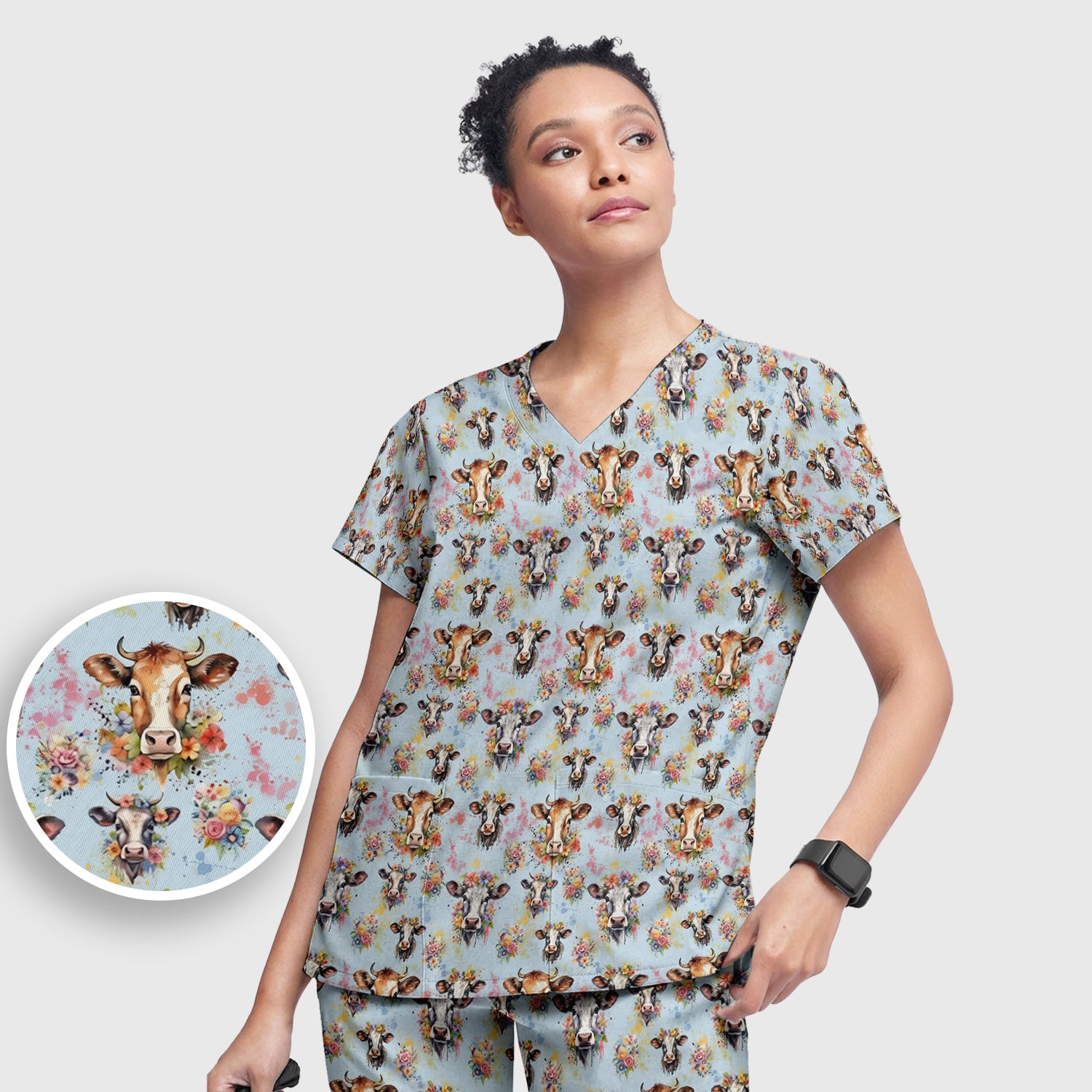 Cute Floral Cow Farm Animal Pattern Scrub Set, Scrub Pants and V Neck Top