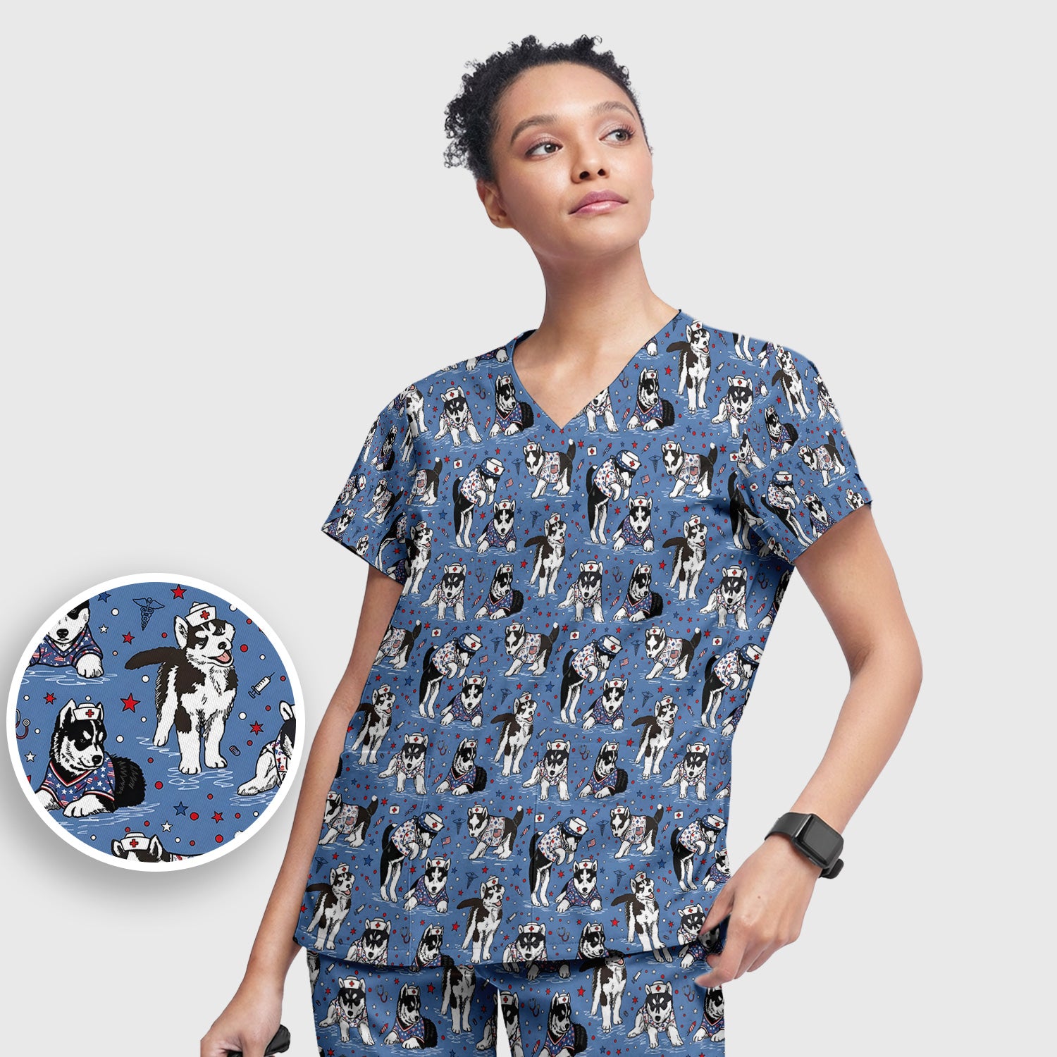 Cute Nurse Husky Dog Medical Pattern Scrub Set, Scrub Pants and V Neck Top