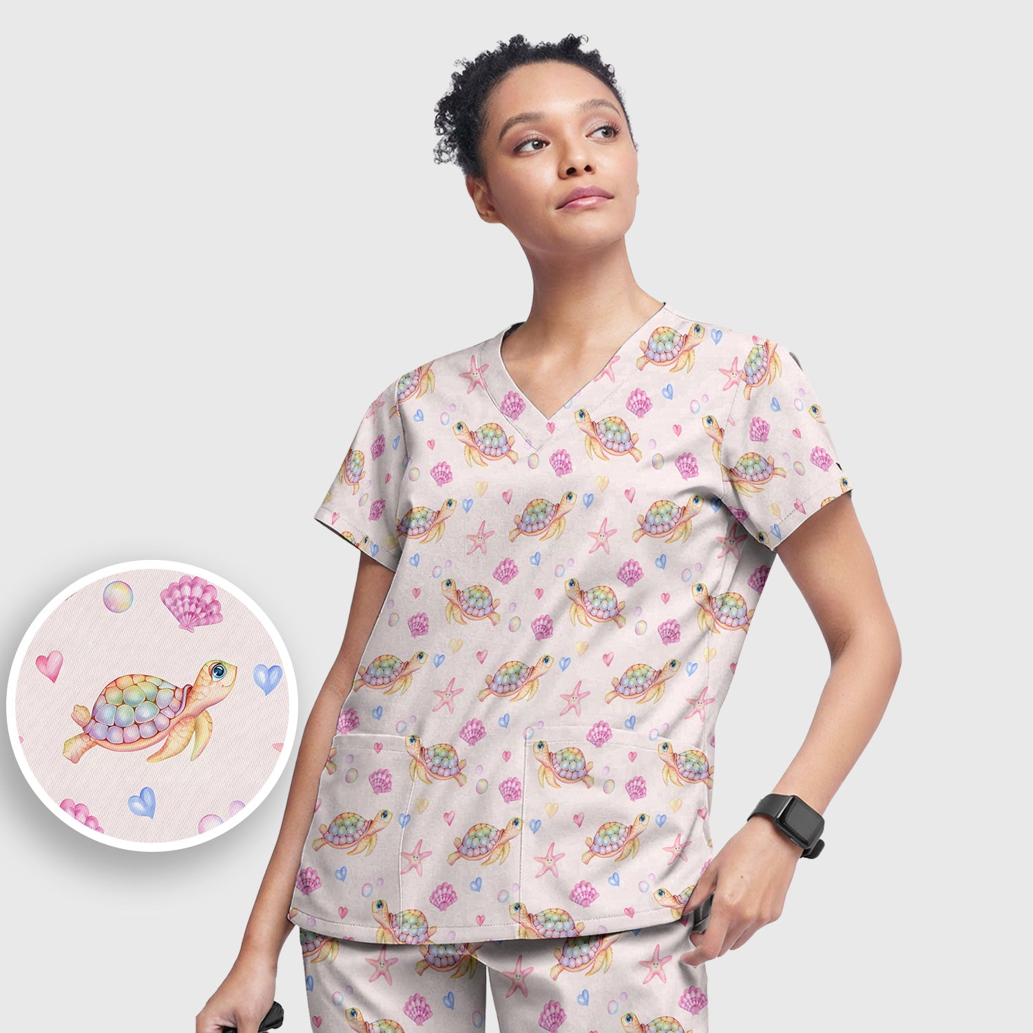 Sea Turtle Ocean Print Scrub Set, Scrub Pants and V Neck Top
