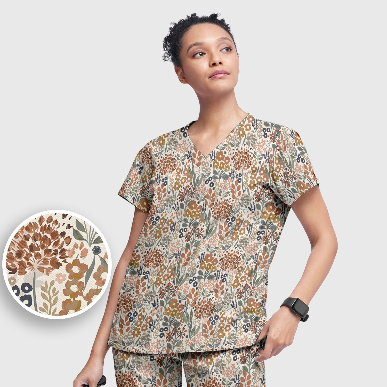 Vintage Botanical Floral Pattern Scrub Set, Women's Scrub Sets