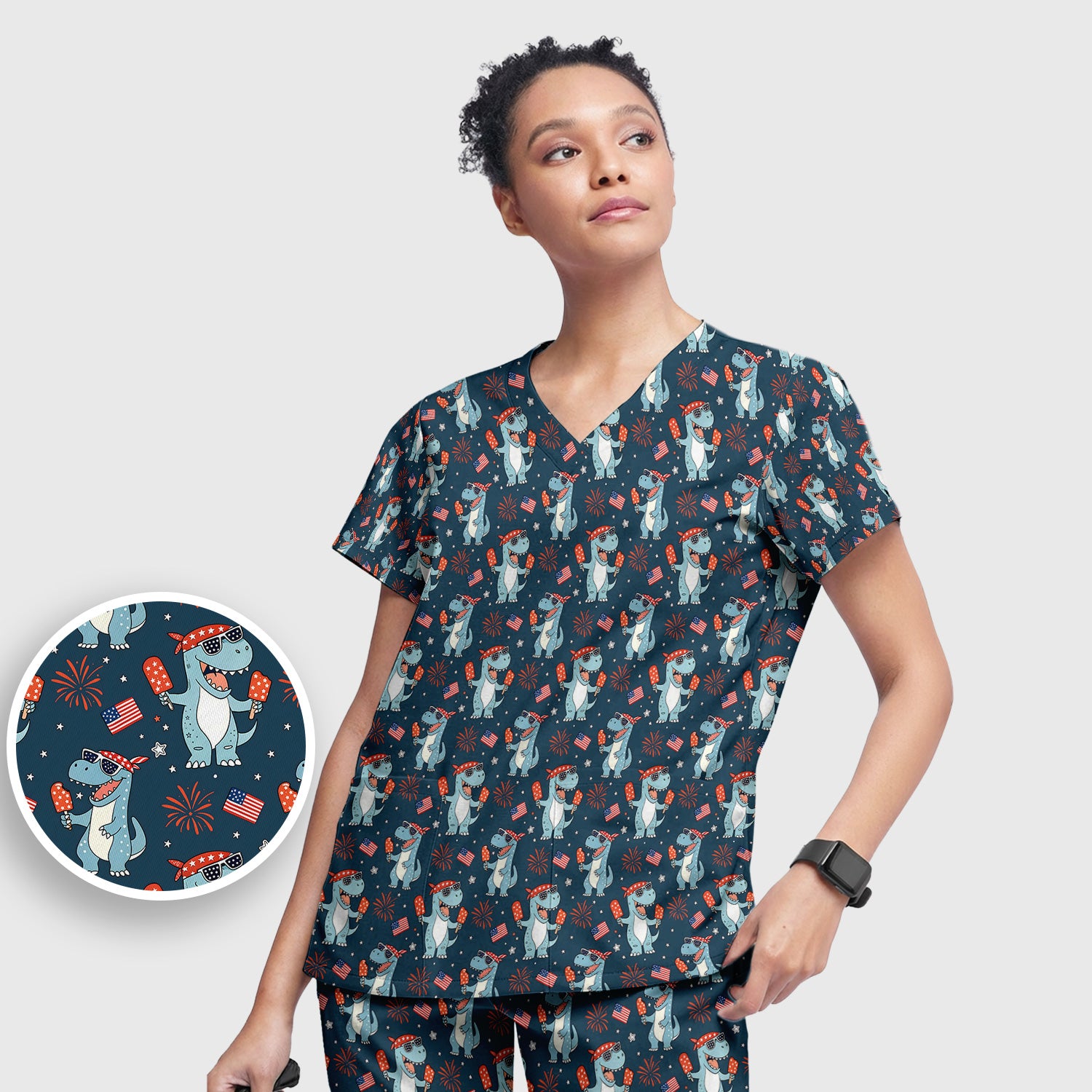 Dinosaur With Flag American Pattern Scrub Set, Scrub Pants and V Neck Top