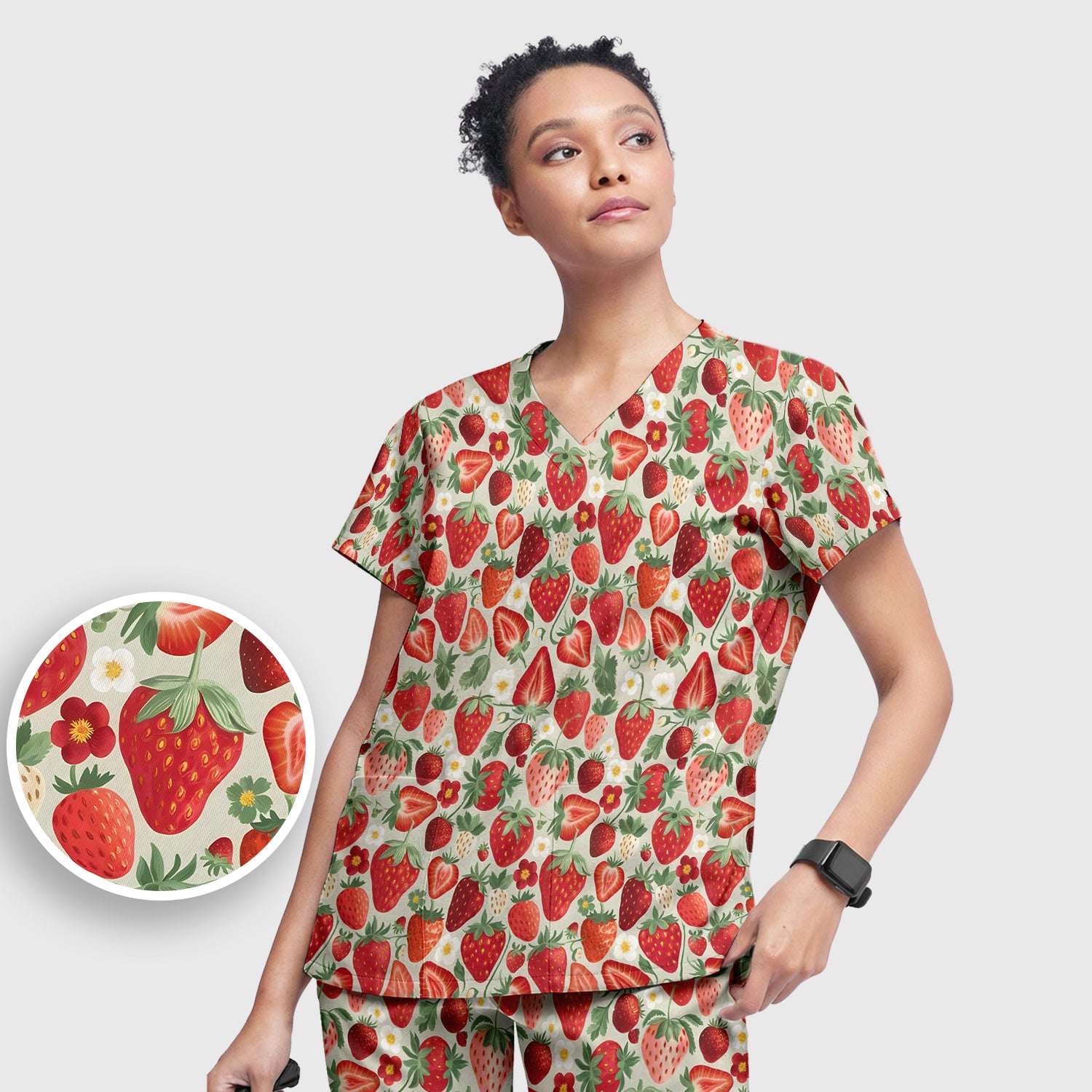 Fresh Strawberry Patter Leaves Scrub Sets, Scrub Pants and V Neck Top