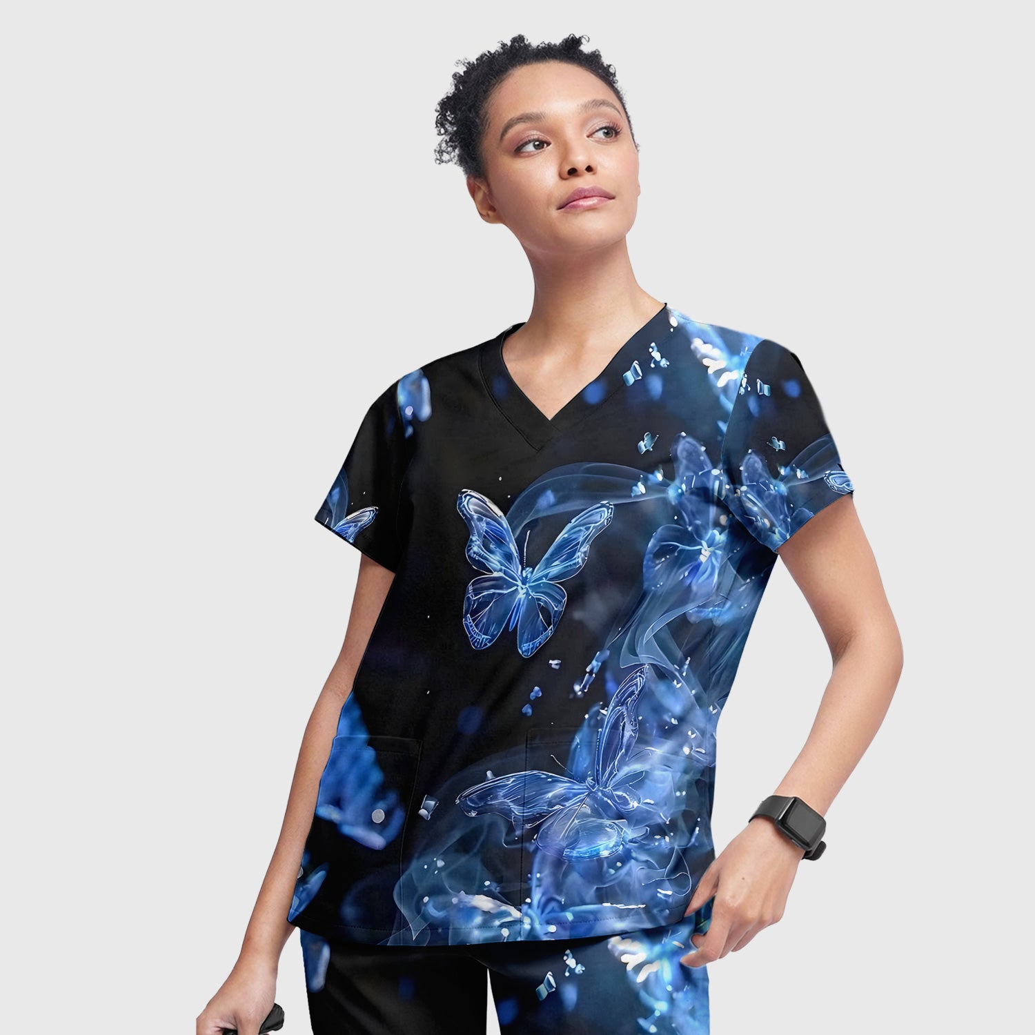 Glowing Blue Butterfly Garden Pattern Scrub Set, Scrub Pants and V Neck Top