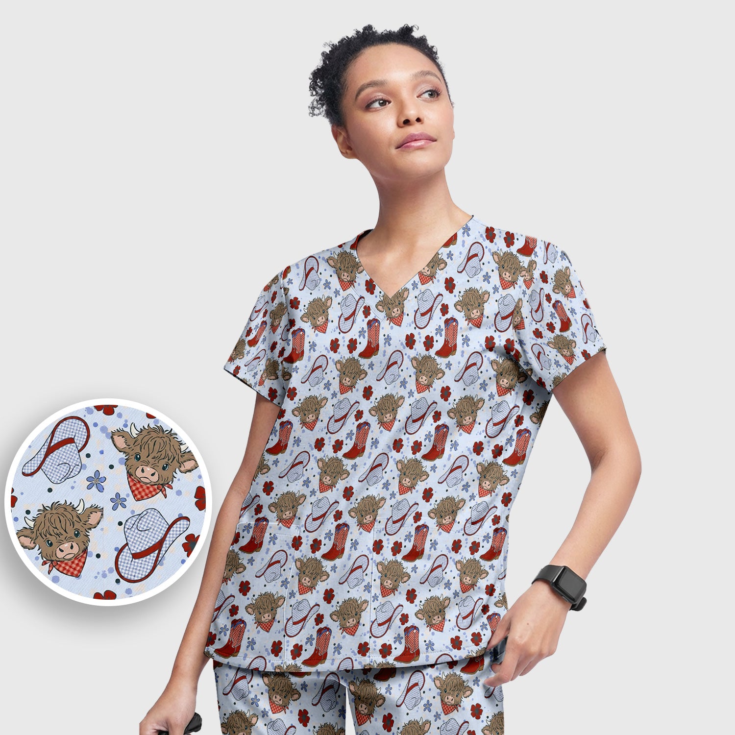 Cute Highland Cow Cowboy Boots Pattern Scrub Set, Scrub Pants and V Neck Top