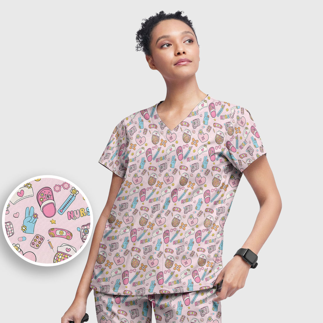 Cute Nurse Pink Medical Tools Pattern Scrub Set, Scrub Pants and V Neck Top