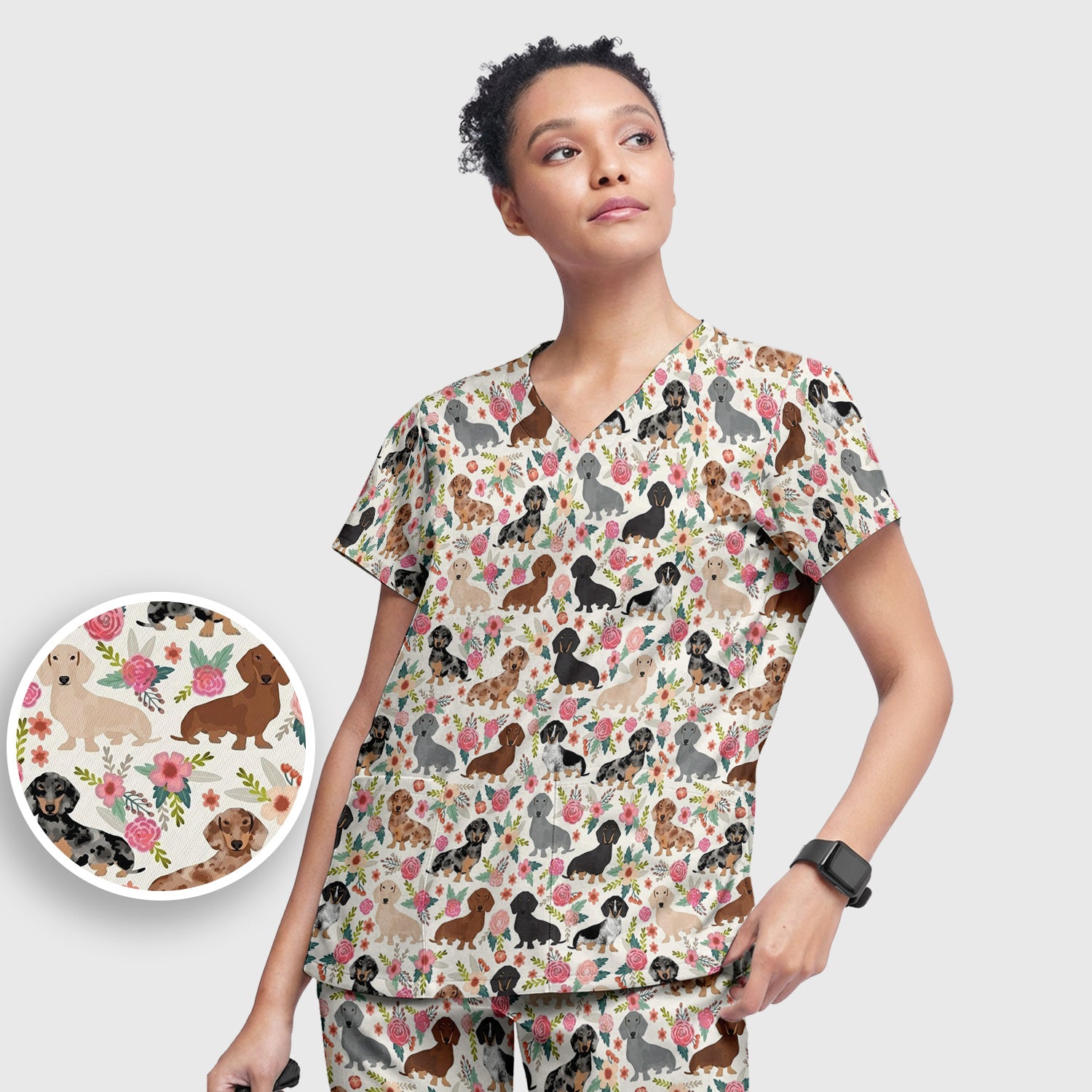 Adorable Dachshund Floral Pattern Scrub Set, Scrub Pants and V Neck Top