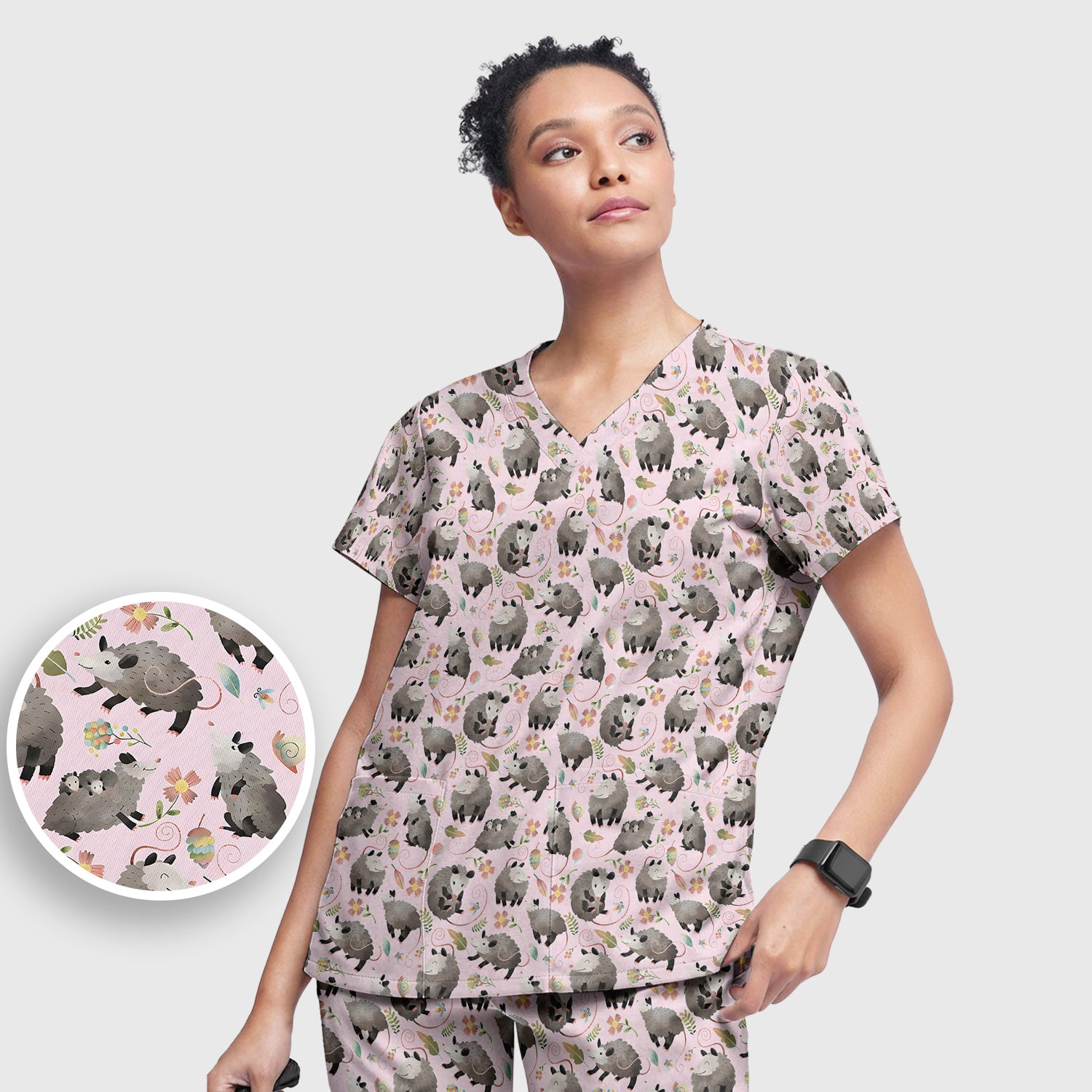 Cute Opossum Playing Flower Garden Pattern Scrub Set, Scrub Pants and V Neck Top