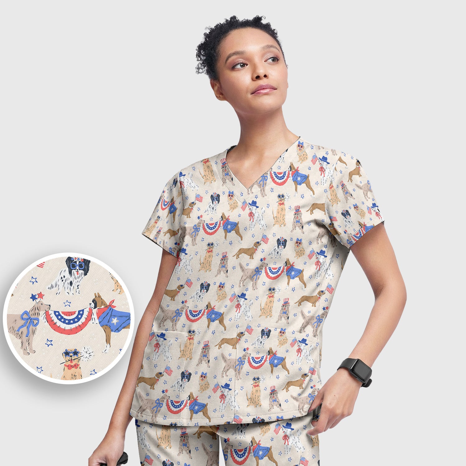 Patriotic Dog Parade Pattern Scrub Set, Scrub Pants and V Neck Top
