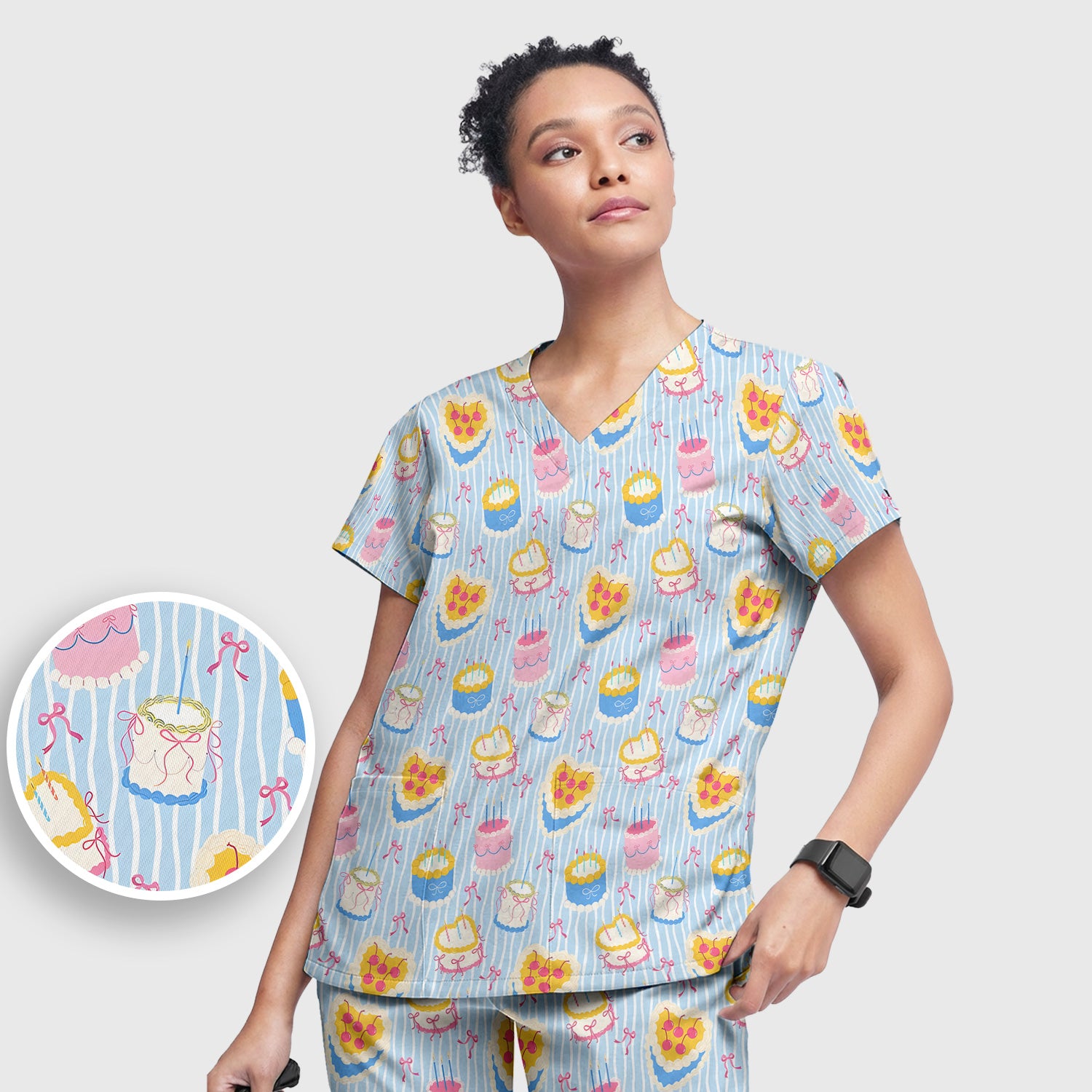 Coquette Cake Bow Stripe Pattern Scrub Set, Scrub Pants and V Neck Top