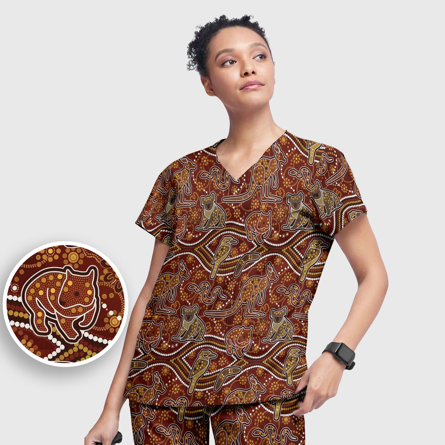 Australian Kangaroo Koala Aboriginal Art Pattern Scrub Sets, Scrub Pants and V Neck Top