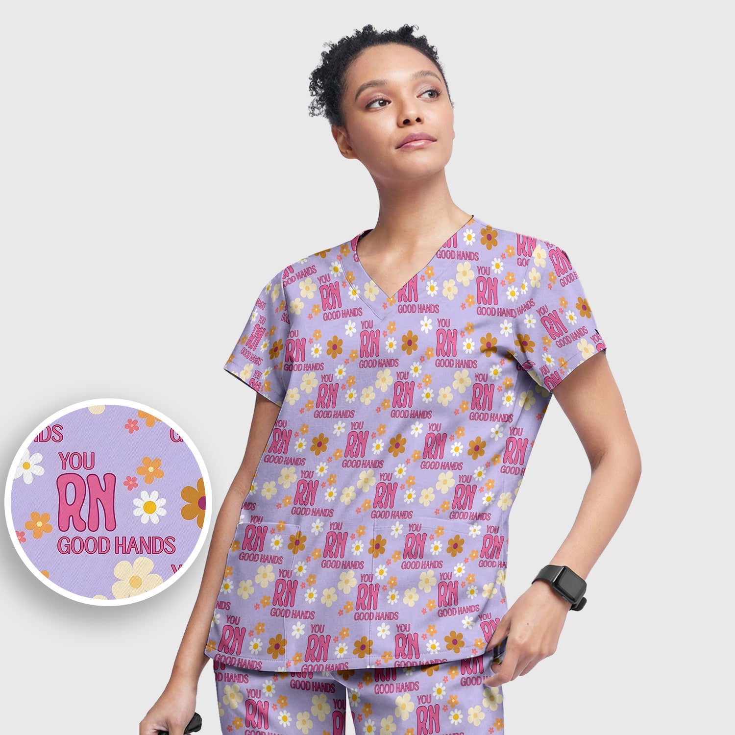 You RN Good Hands Floral Daisy Pattern Scrub Set, Scrub Pants and V Neck Top