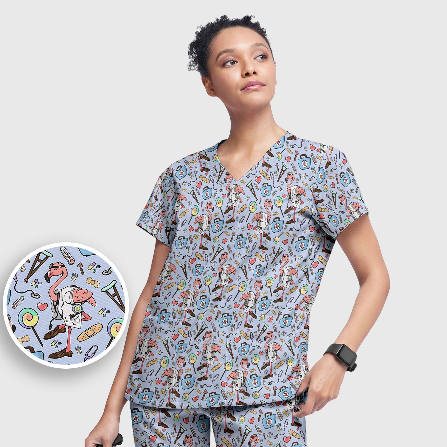 Flamingo Nurse Medical Care Pattern Scrub Set, Scrub Pants and V Neck Top