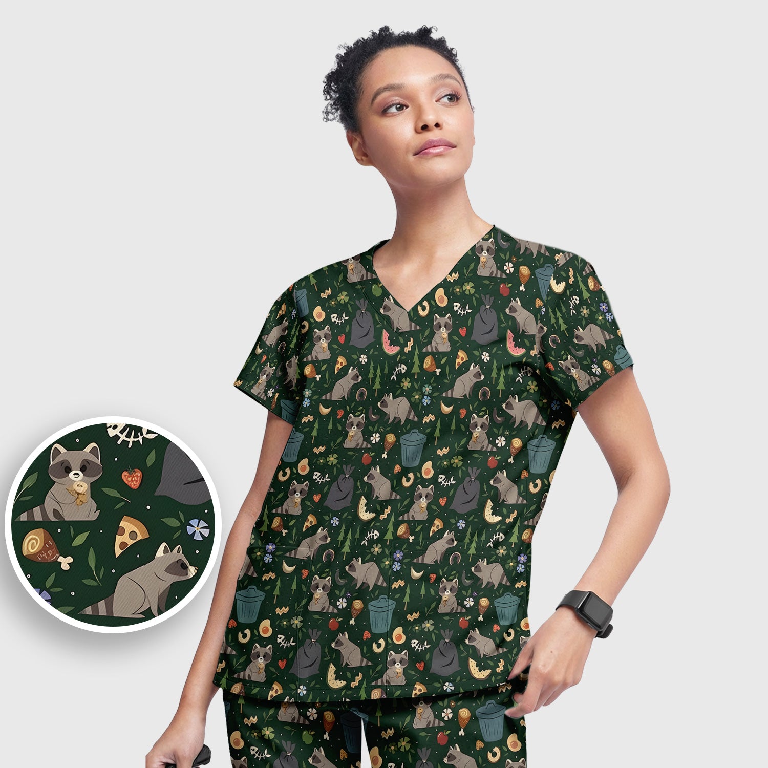 Cute Raccoon Forest Food Pattern Scrub Set, Scrub Pants and V Neck Top