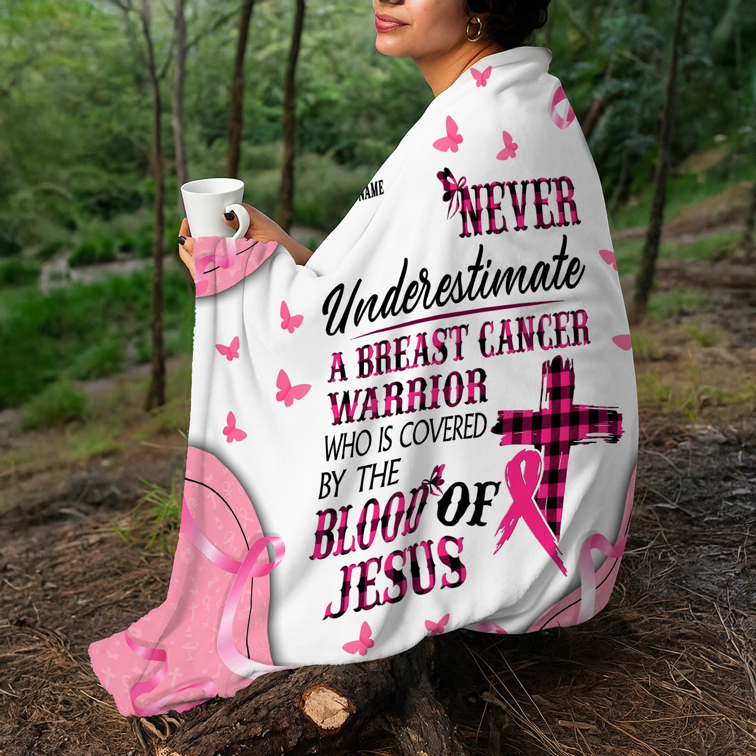 Personalized Breast Cancer Warrior Blanket - Christian Faith Quote & Pink Ribbon Design - Gift for RN LPN CNA