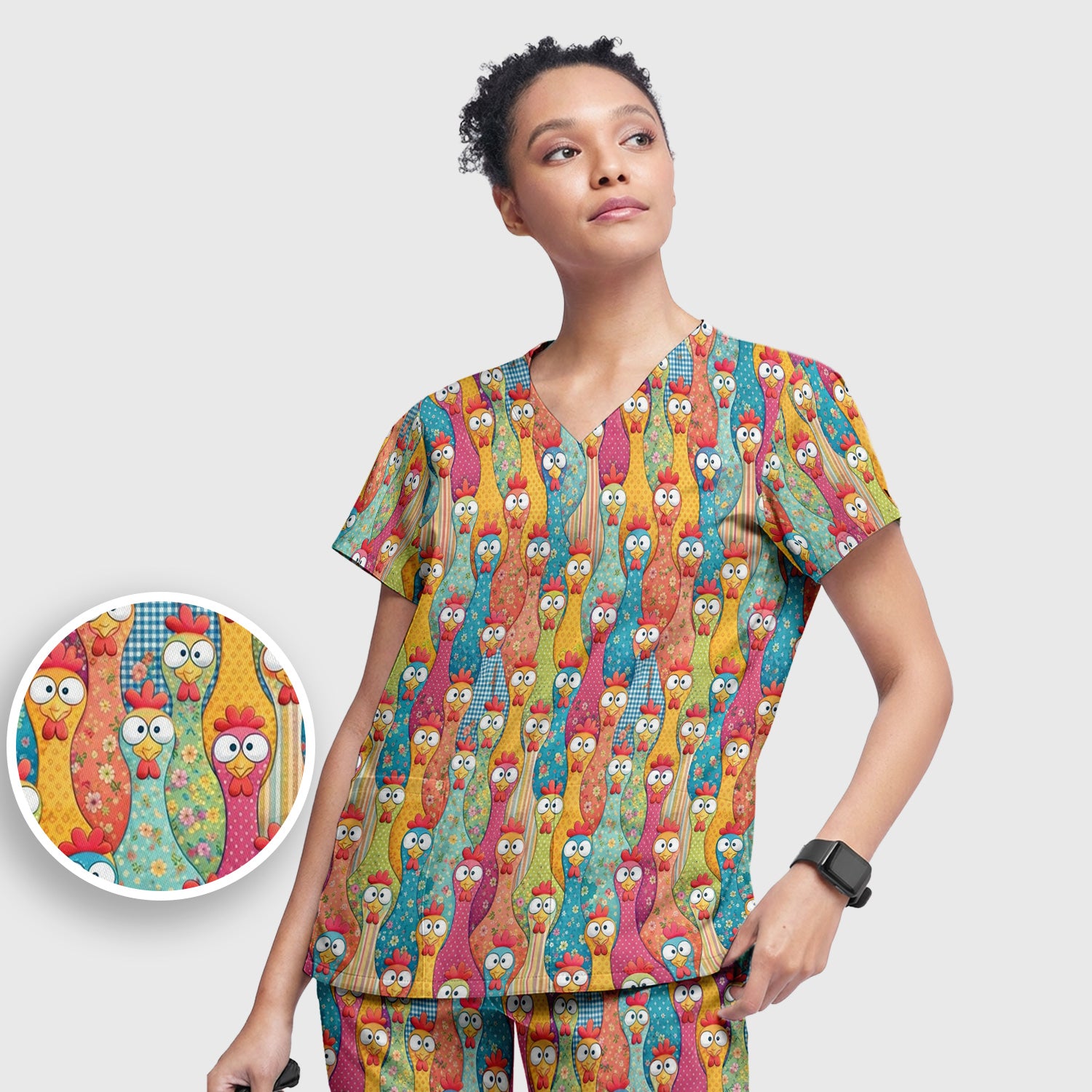 Funny Colorful Chicken Farm Cartoon Pattern Scrub Set, Scrub Pants and V Neck Top