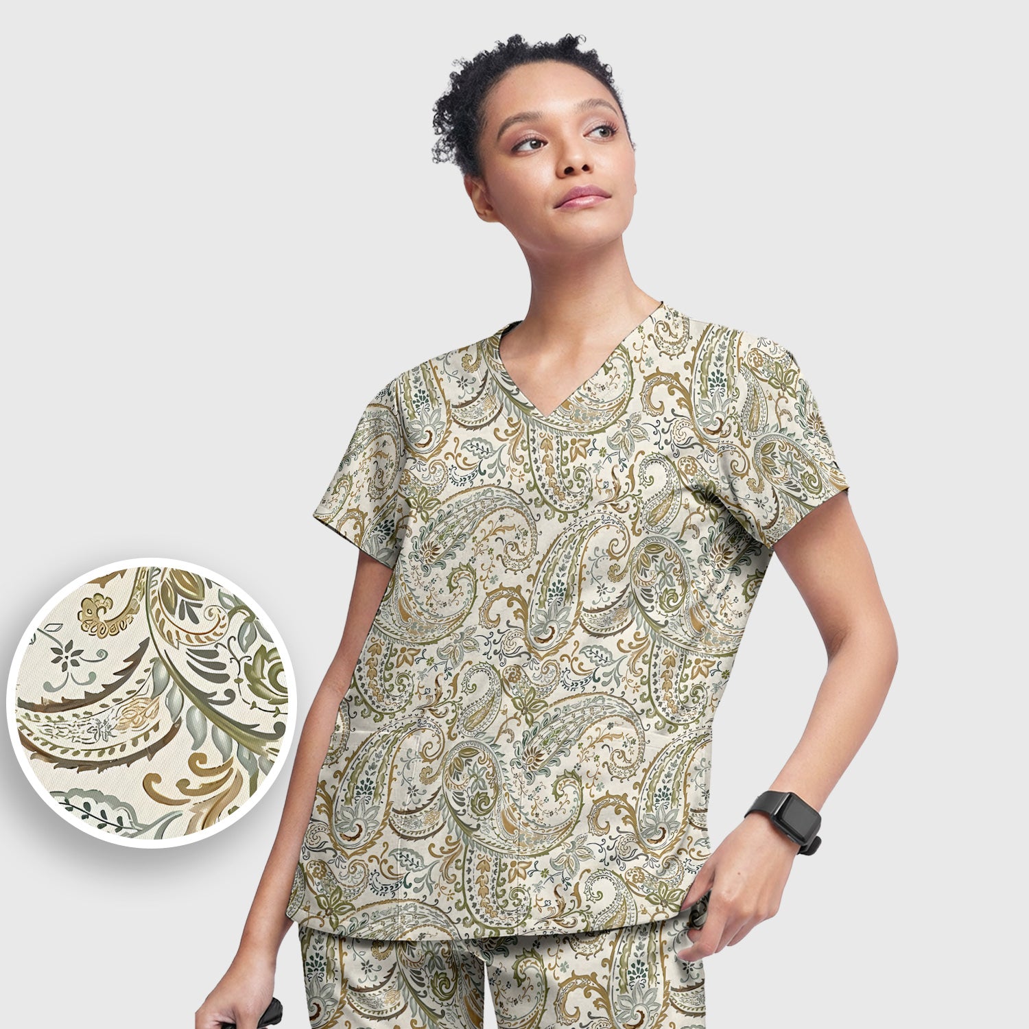 Elegant Sage Green Vintage Paisley Floral Vine Pattern Scrub Set, Scrub Pants and V Neck Top