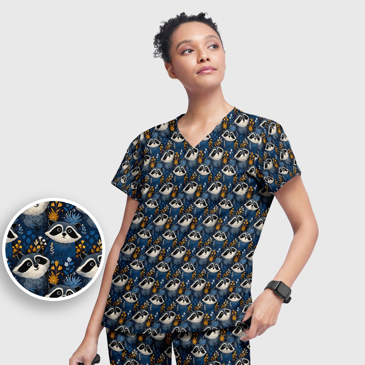 Raccoon With Blue Floral Forest Pattern Scrub Set, Scrub Pants and V Neck Top