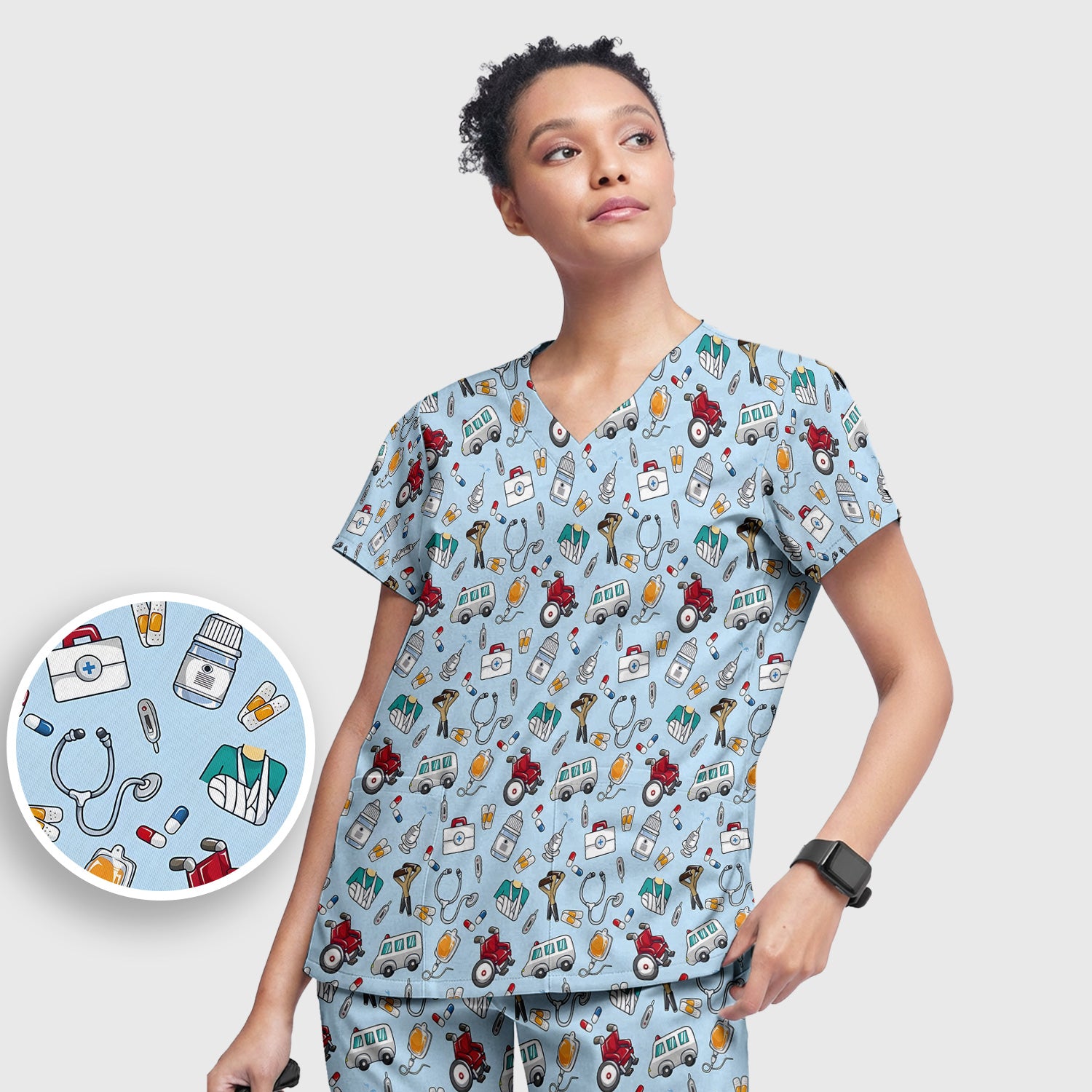 Care Medical Tools & Emergency Transport Pattern Scrub Set, Scrub Pants and V Neck Top