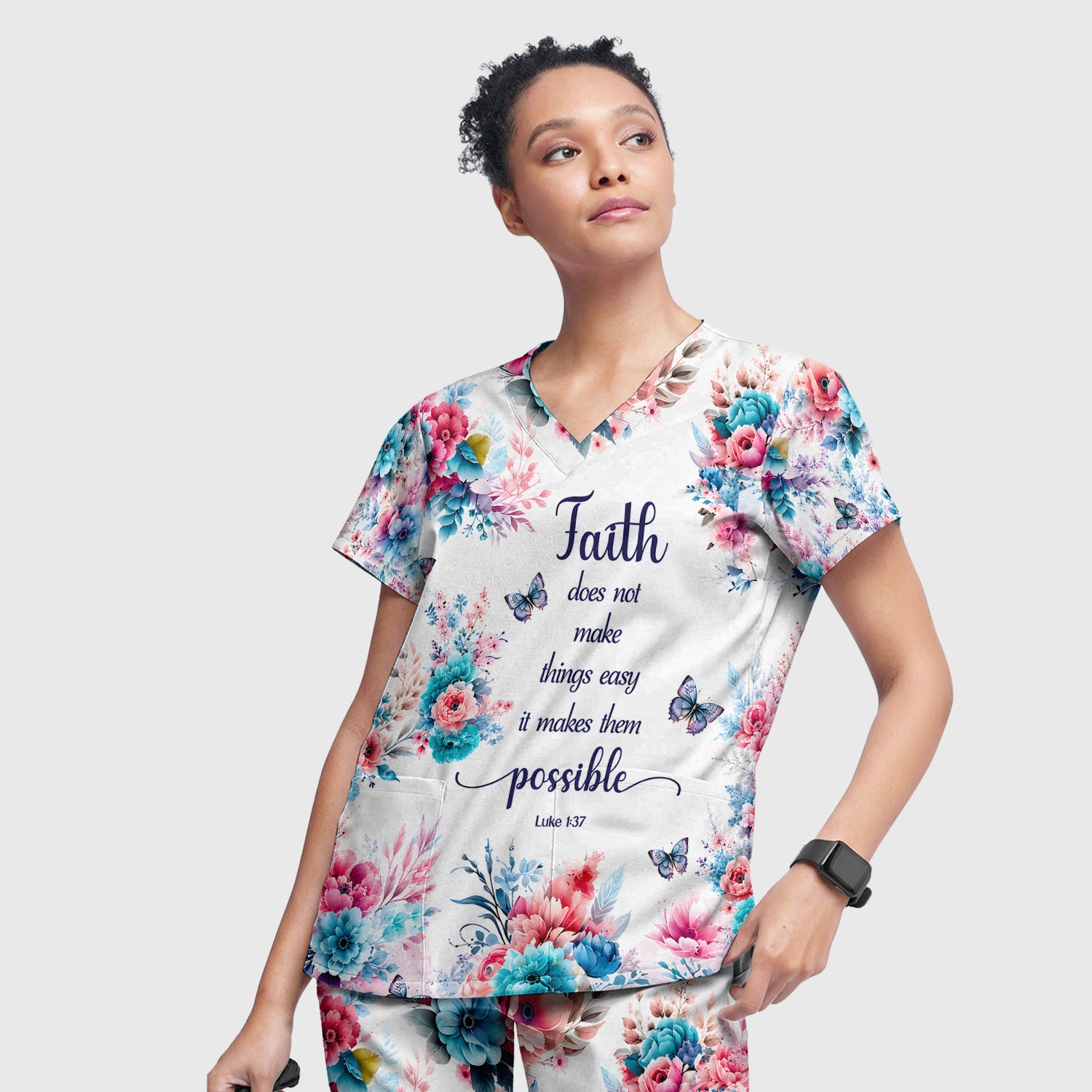 Inspirational Faith Floral Butterfly Pattern Scrub Set, Scrub Pants and V Neck Top