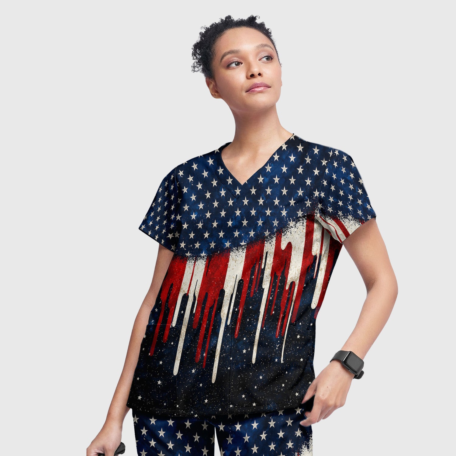 Festive Patriotic Dripping Flag Pattern Scrub Set, Scrub Pants and V Neck Top