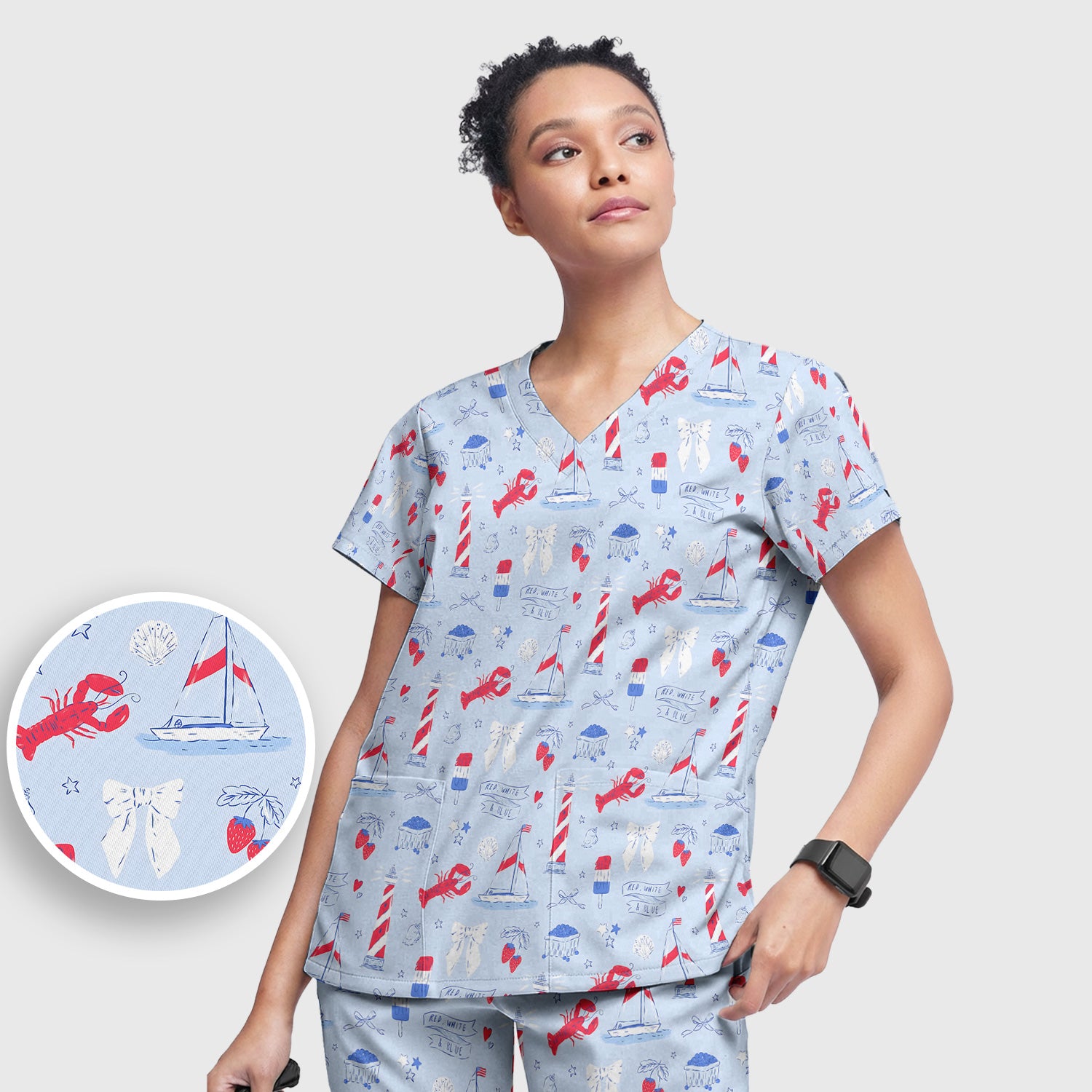 Lobster Lighthouse Sailboat Pattern Scrub Set, Scrub Pants and V Neck Top