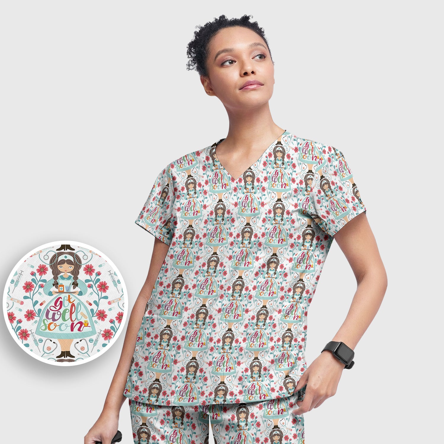Get Well Soon Girl Floral Caring Pattern Scrub Set, Scrub Pants and V Neck Top