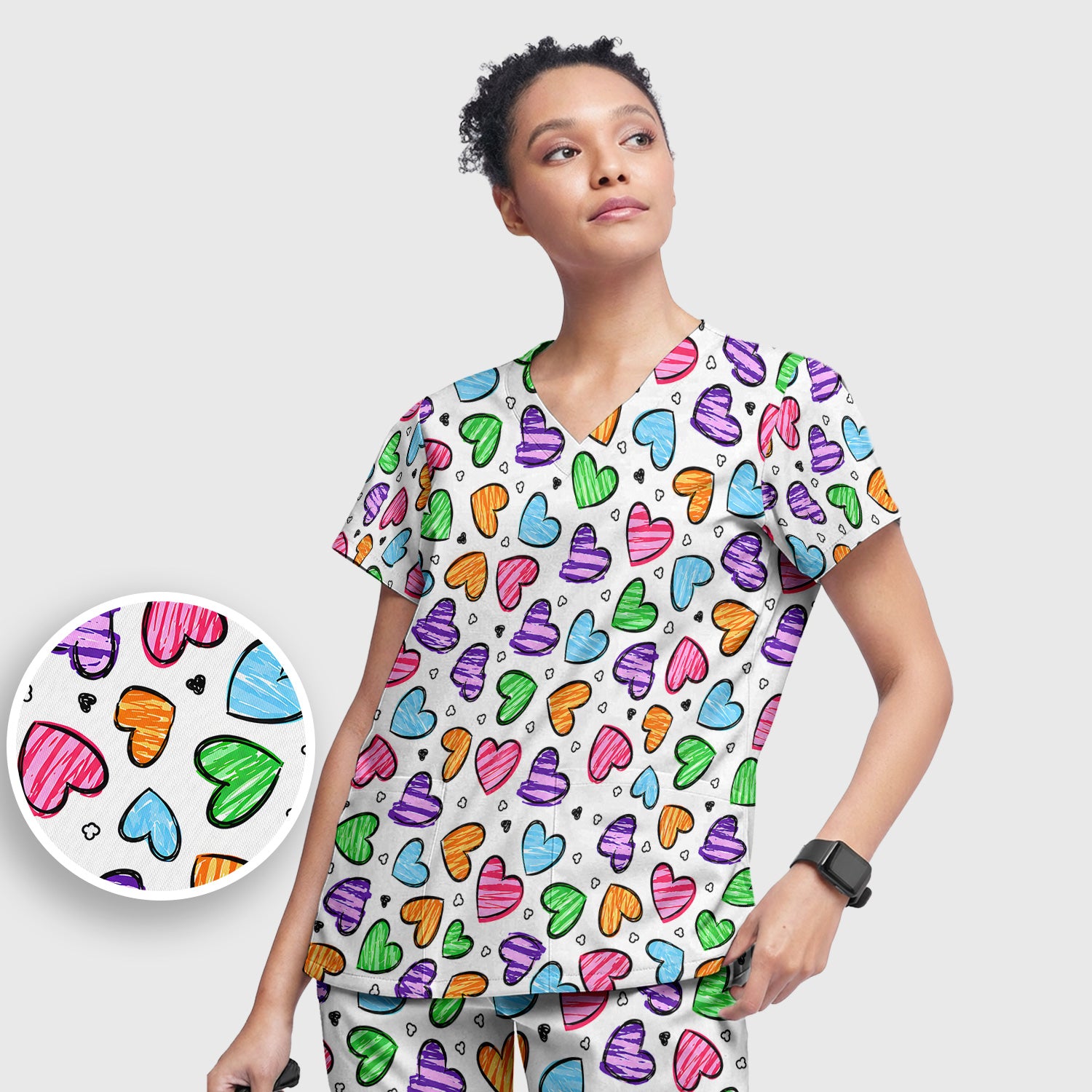Colorful Doodle Heart Pattern Scrub Set, Scrub Pants and V Neck Top