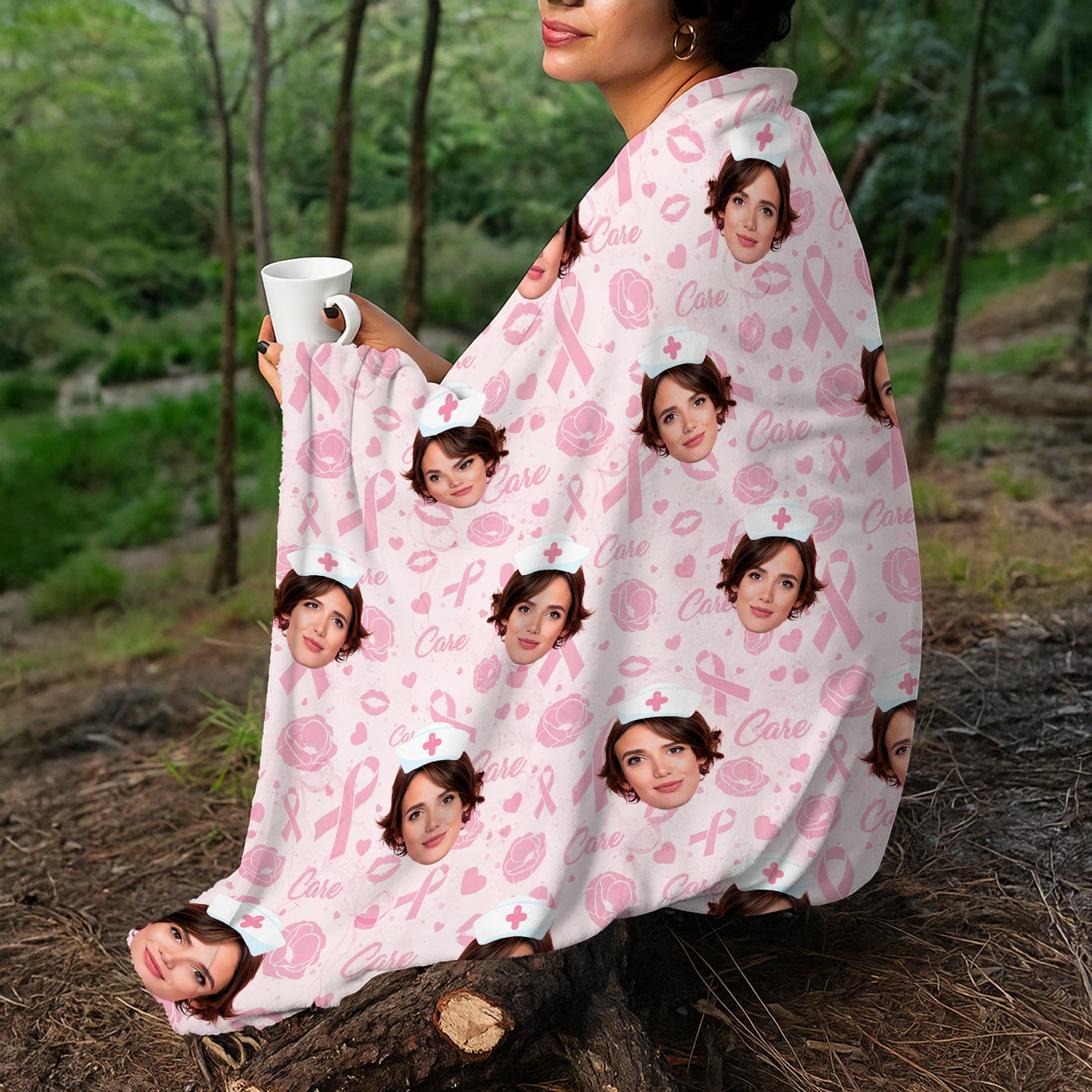 Custom Face Nurse Blanket Pink Ribbon Awareness - Personalized Breast Cancer Support Throw - Gift for Women RN LPN CNA