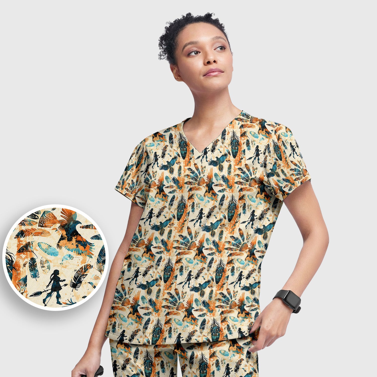 Feather Birds Tribal Print Scrub Set, Scrub Pants and V Neck Top