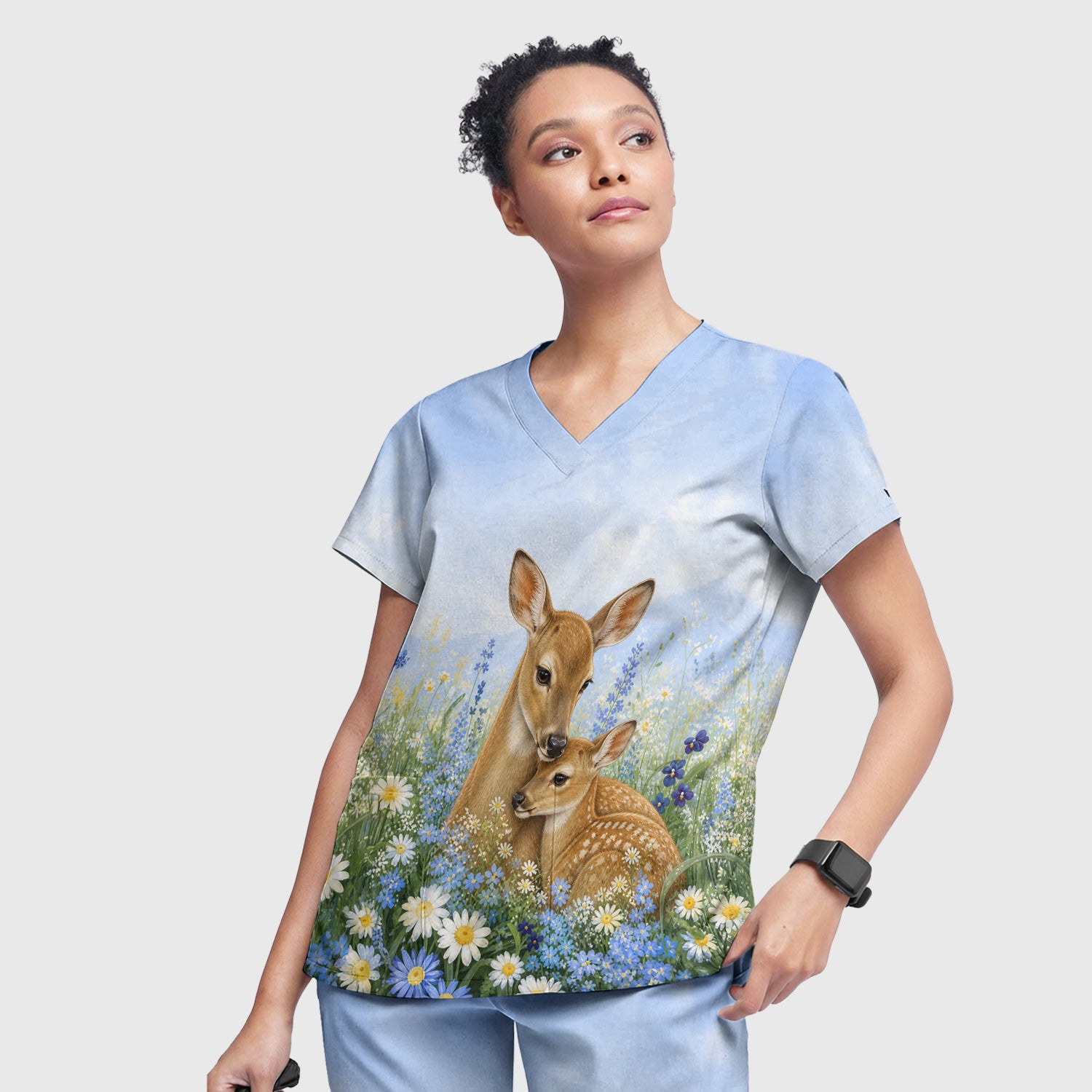 Cute Deer Mother Baby With Meadow Pattern Scrub Set, Scrub Pants and V Neck Top