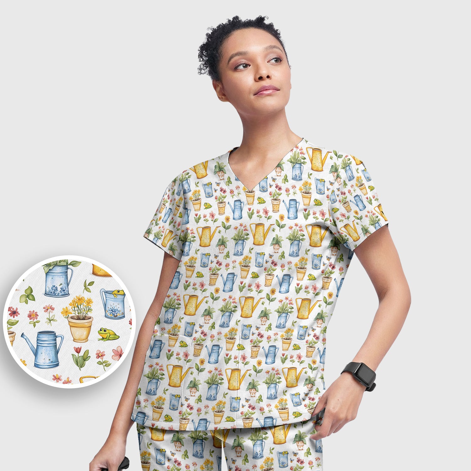 Watering Can and Flower Pot Garden Scrub Set, Scrub Pants and V Neck Top