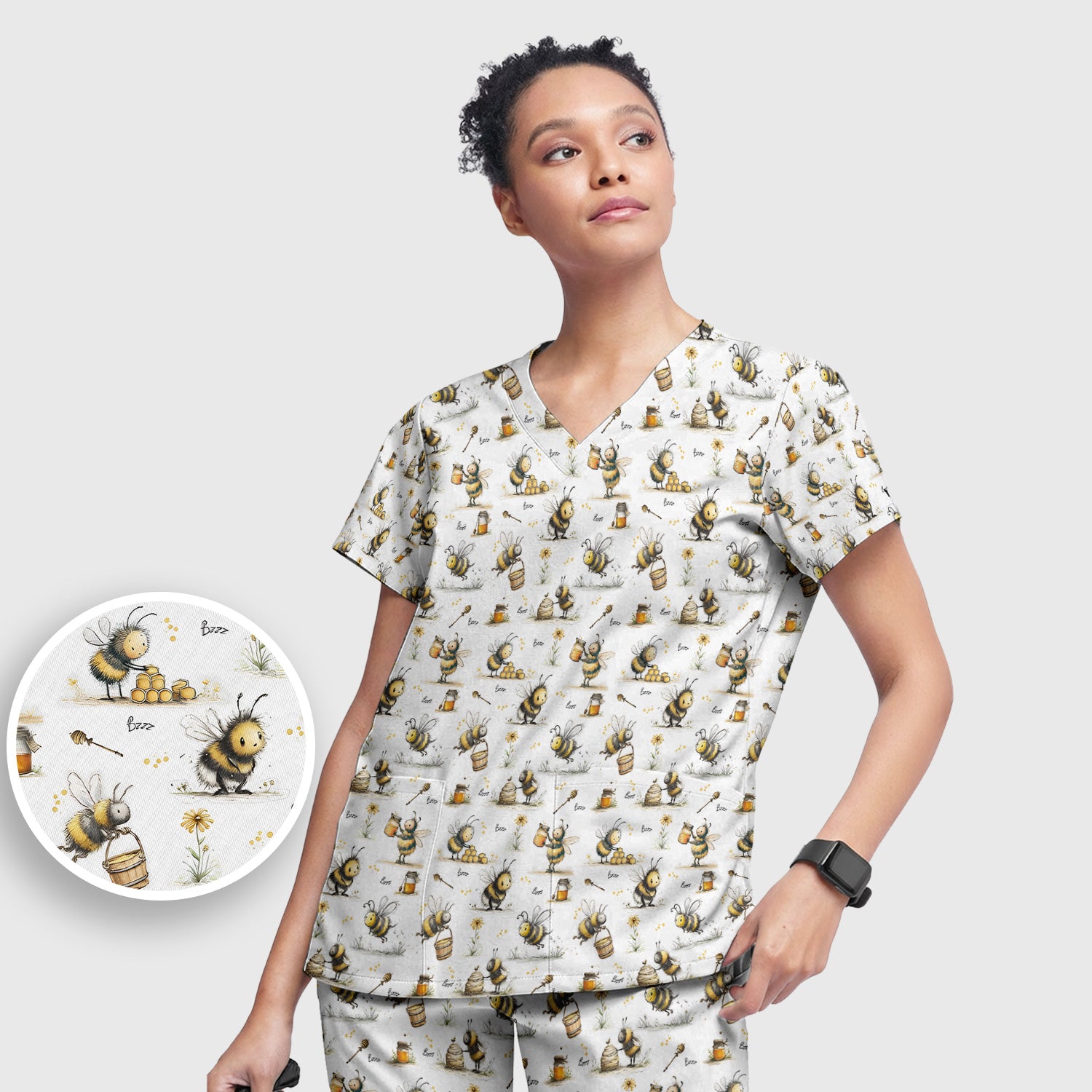 Cute Honey Bee Jar Garden Pattern Scrub Set, Scrub Pants and V Neck Top