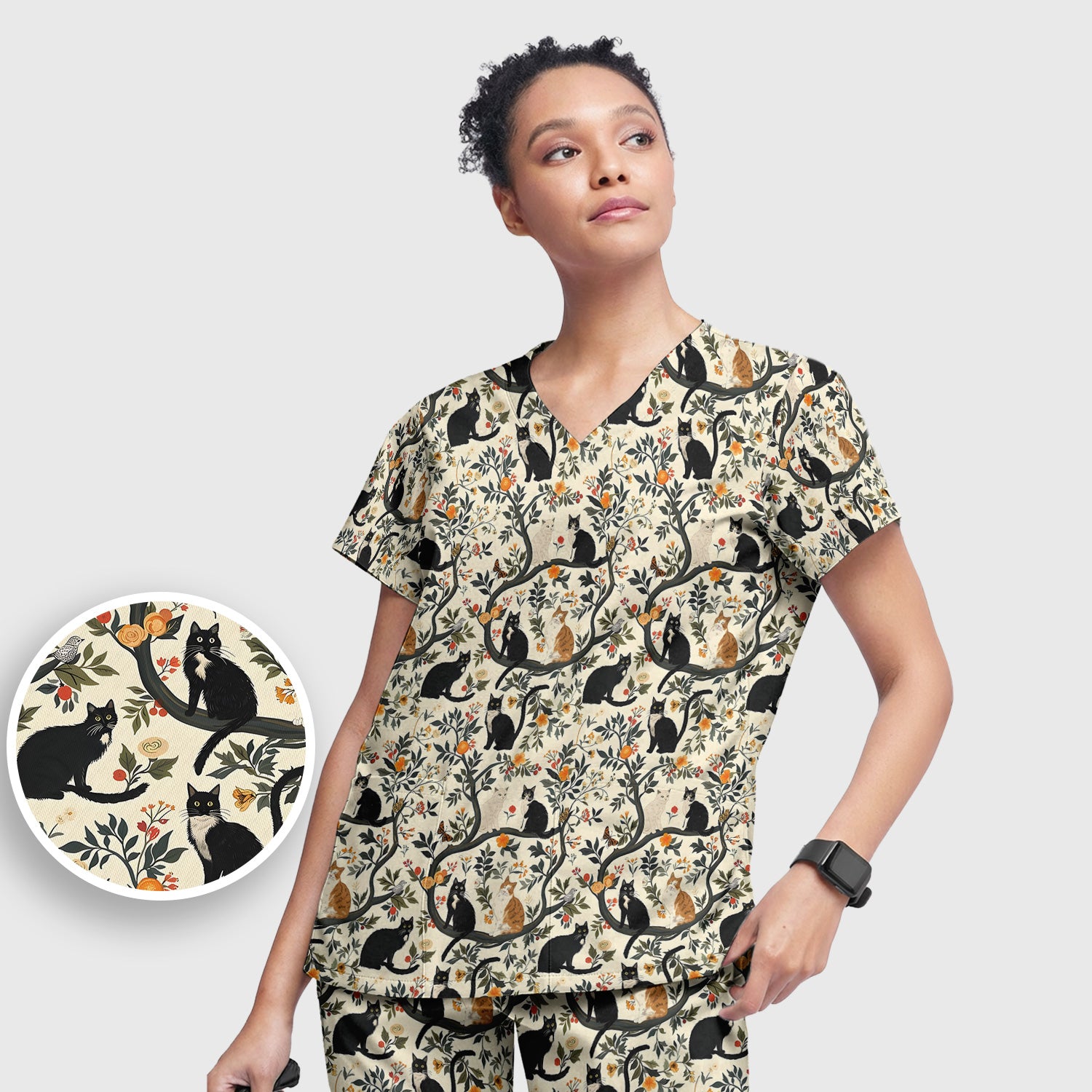 Vintage Black Cat Floral Pattern Scrub Set, Scrub Pants and V Neck Top