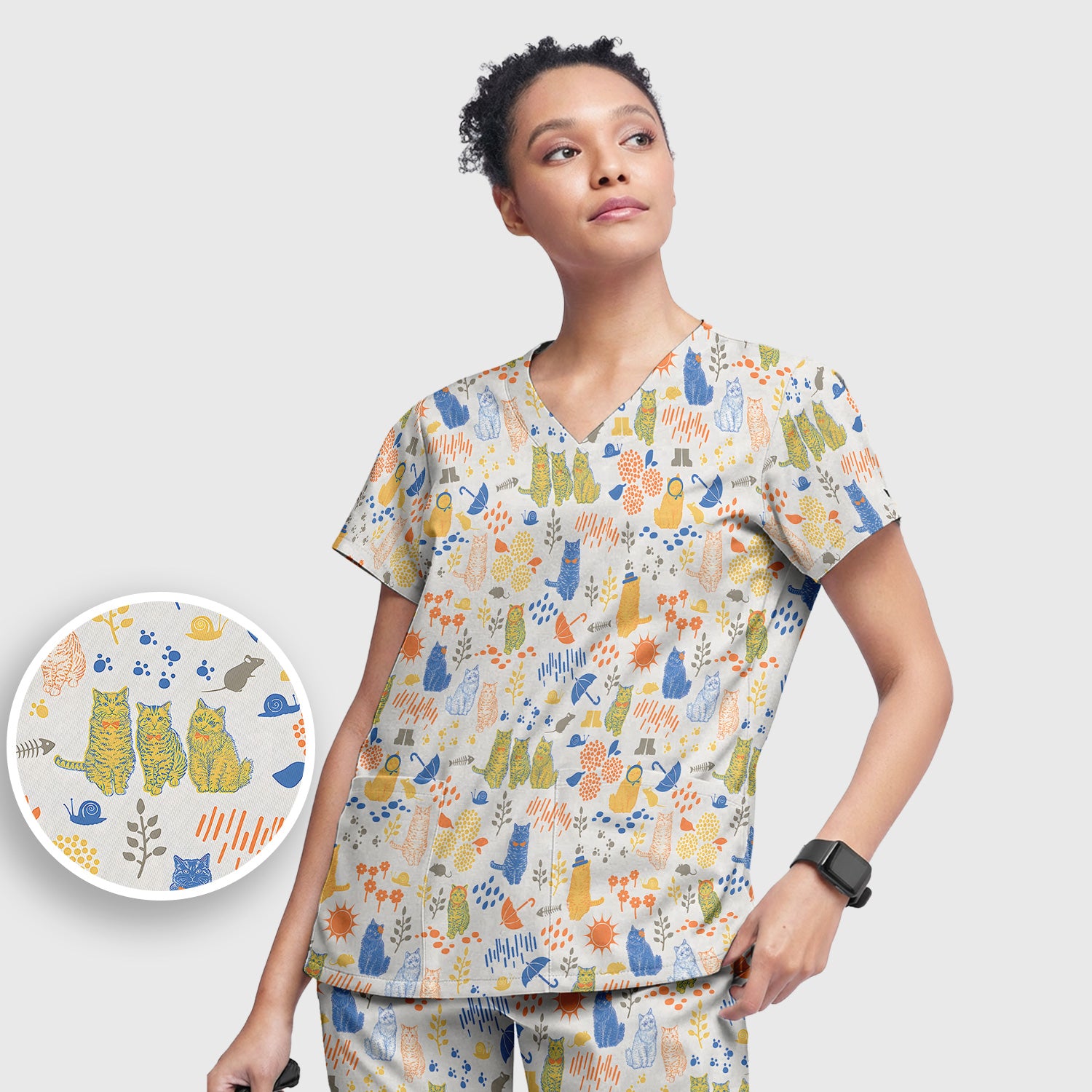 Cozy Rainy Day Cat Lover Nature Nurse Pattern Scrub Set, Scrub Pants and V Neck Top