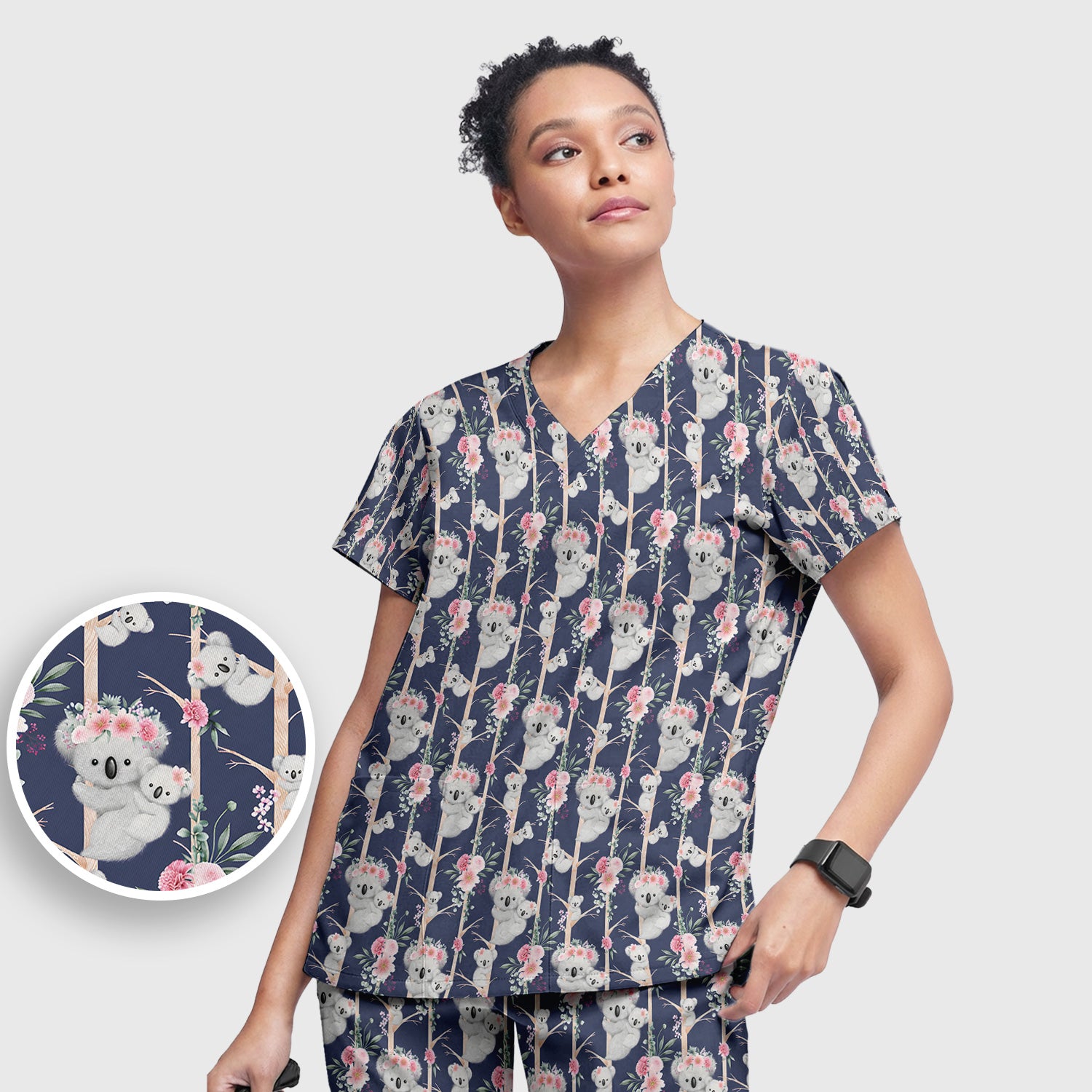 Cute Koala Climbing Tree Blossom Pattern Nurse Scrub Set, Scrub Pants and V Neck Top