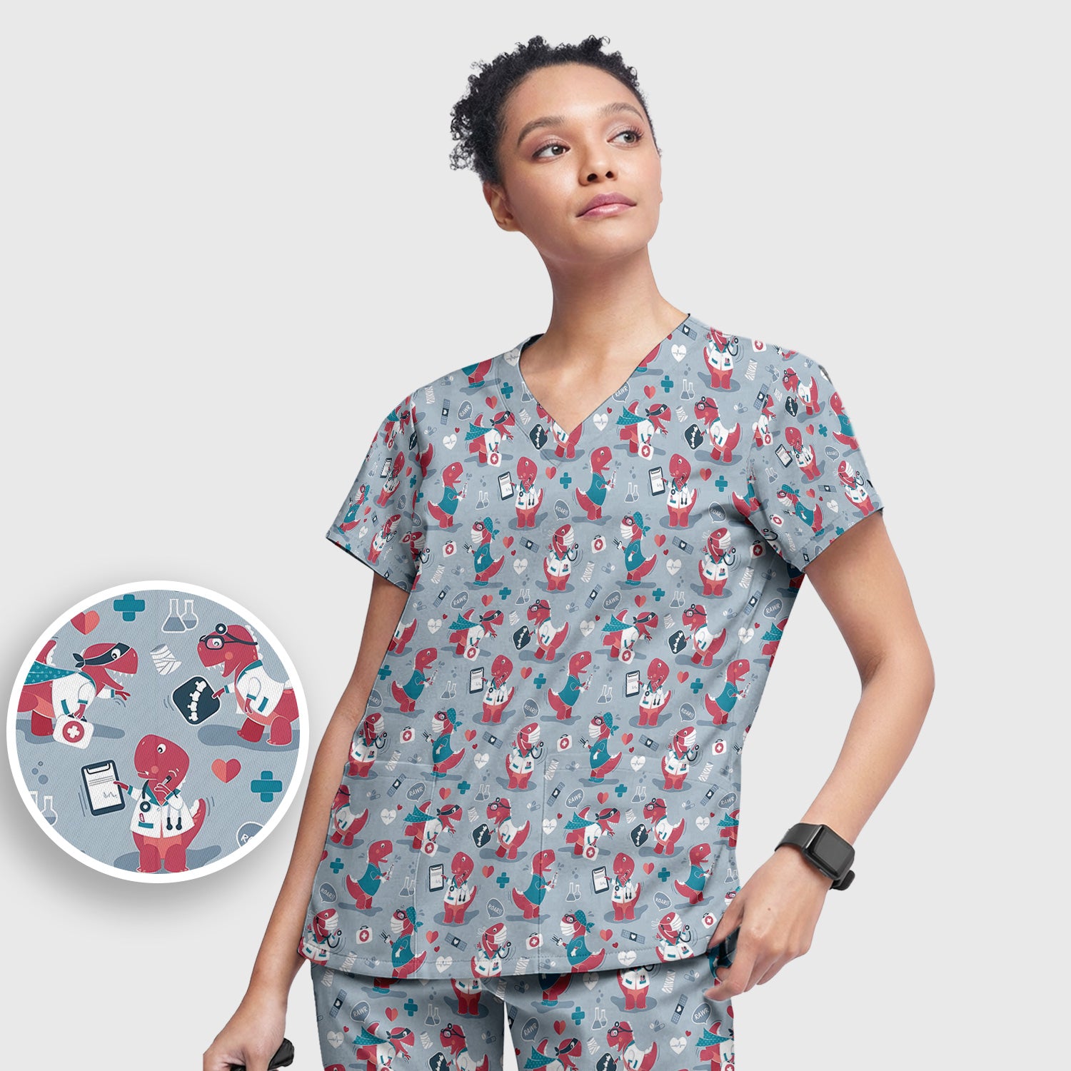Cute Dinosaur Doctor Medical Pattern Scrub Set, Women's Scrub Sets