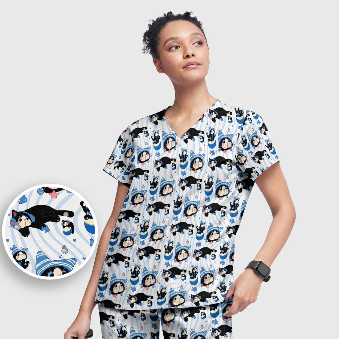 Charming Kitten Fish Pattern Scrub Set, Scrub Pants and V Neck Top