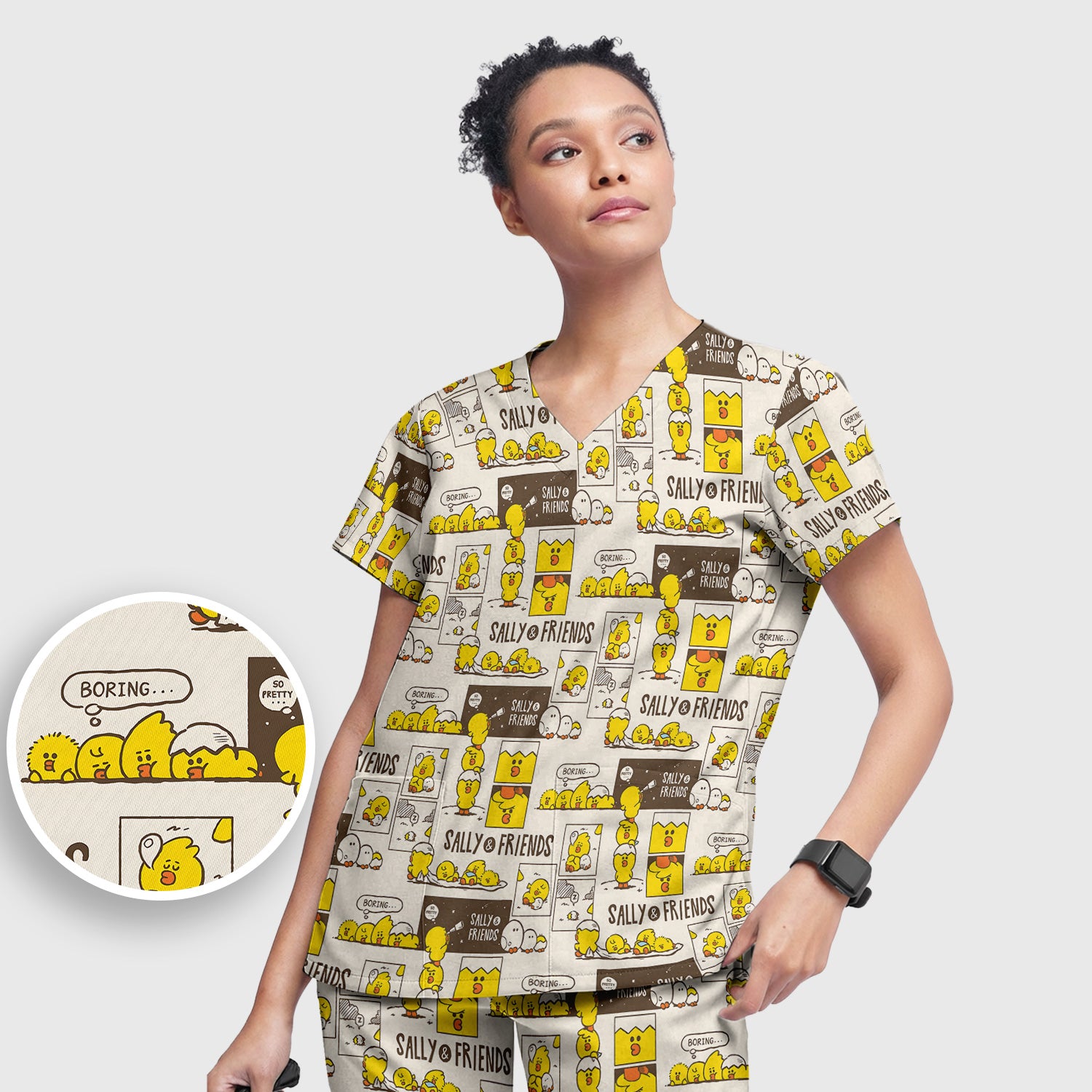 Cute Cartoon Chick Comic Pattern Scrub Set, Scrub Pants and V Neck Top