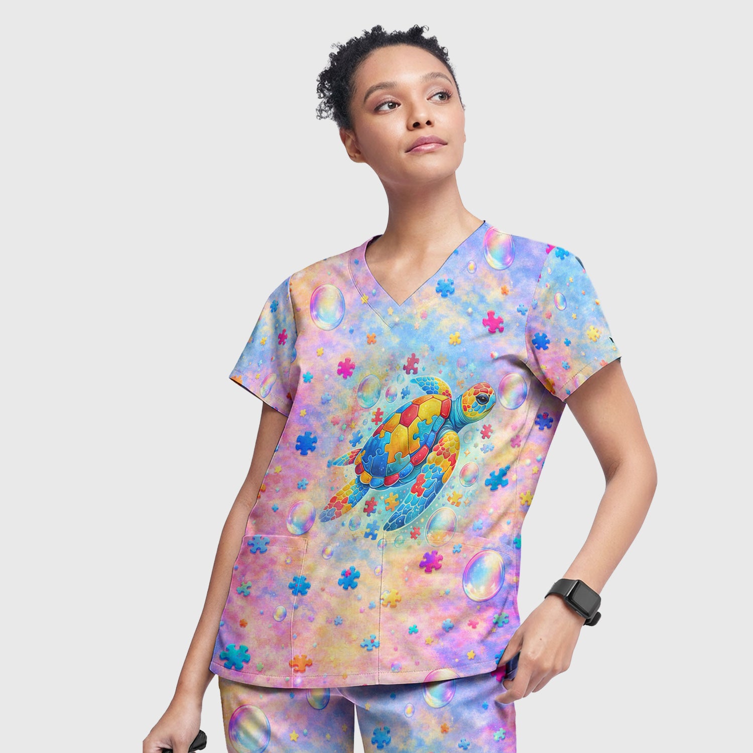 Autism Puzzle Sea Turtle Pastel Rainbow Print Scrub Set, Scrub Pants and V Neck Top