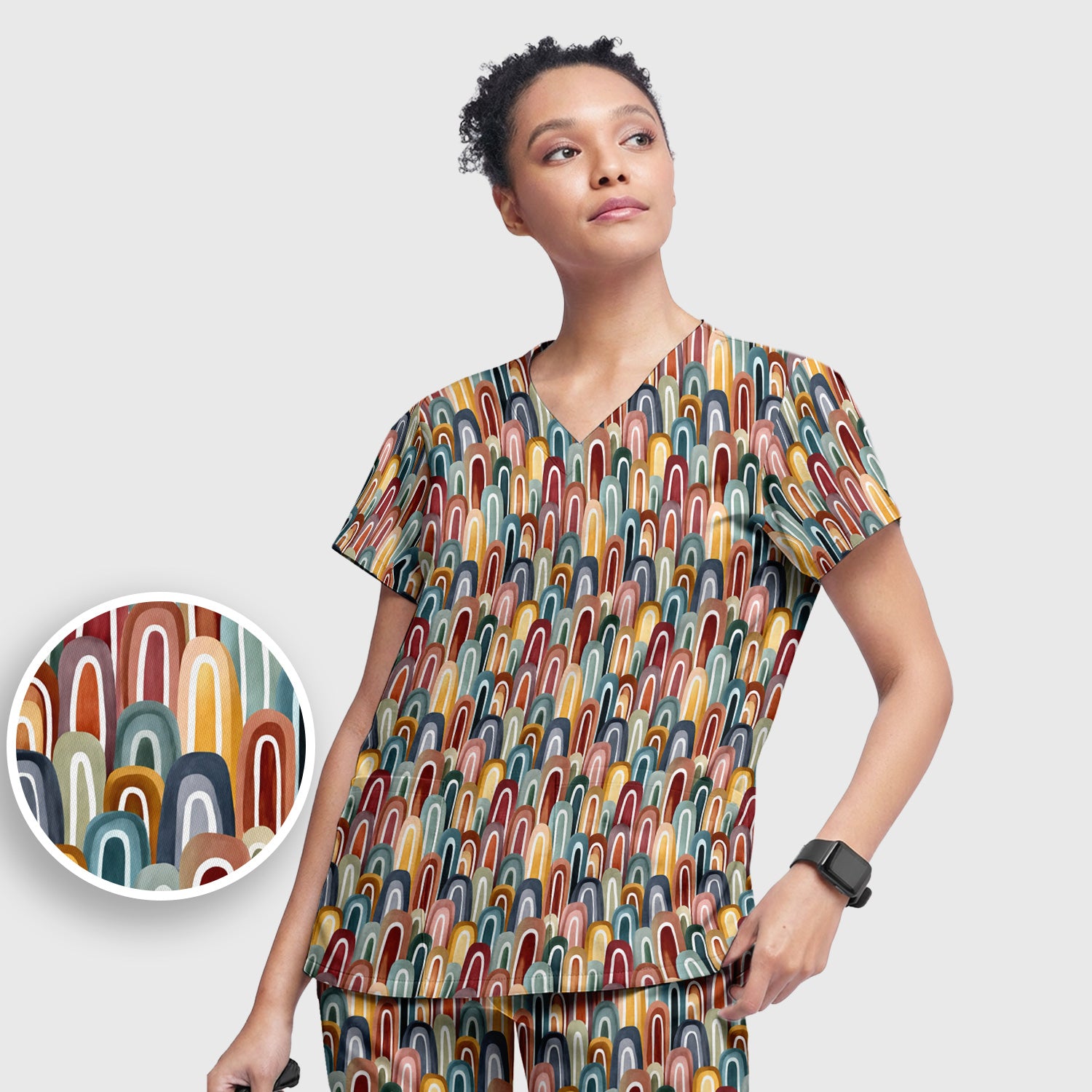 Retro Boho Rainbow Arch Pattern Scrub Set, Scrub Pants and V Neck Top