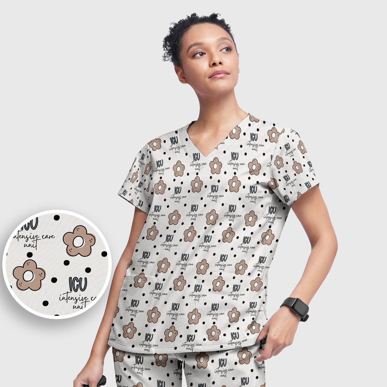 Cute ICU Nurse Flower Polka Dot Pattern Scrub Set, Scrub Pants and V Neck Top