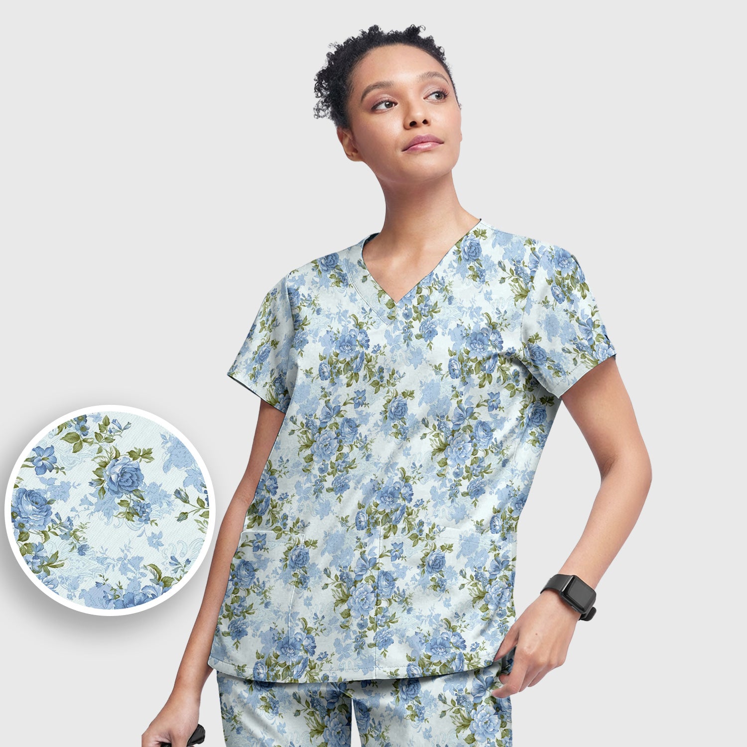 Cute Blue Floral Pattern Scrub Set, Scrub Pants and V Neck Top