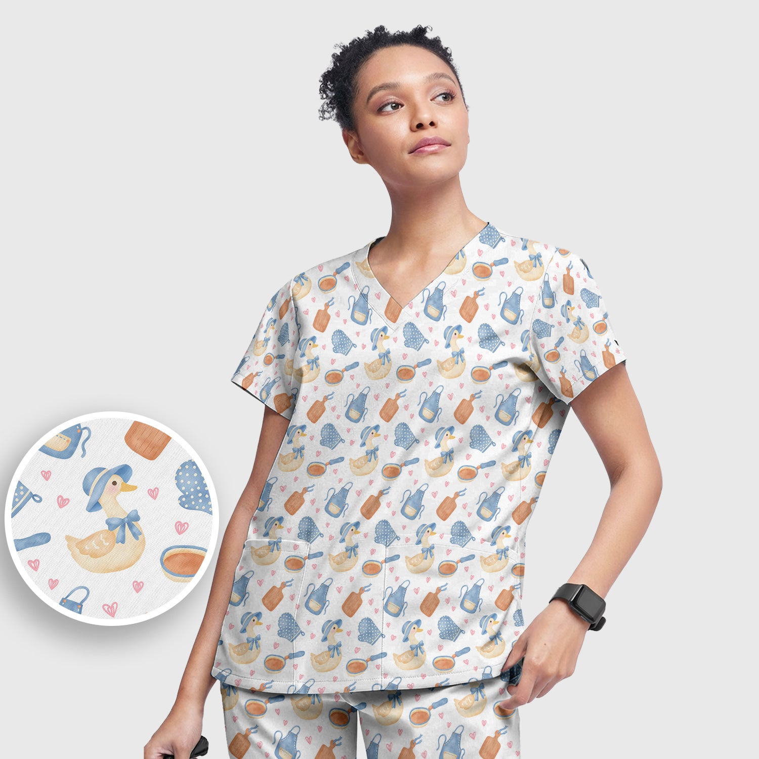 Duck Apron Kitchen Utensil Heart Pattern Scrub Set, Scrub Pants and V Neck Top