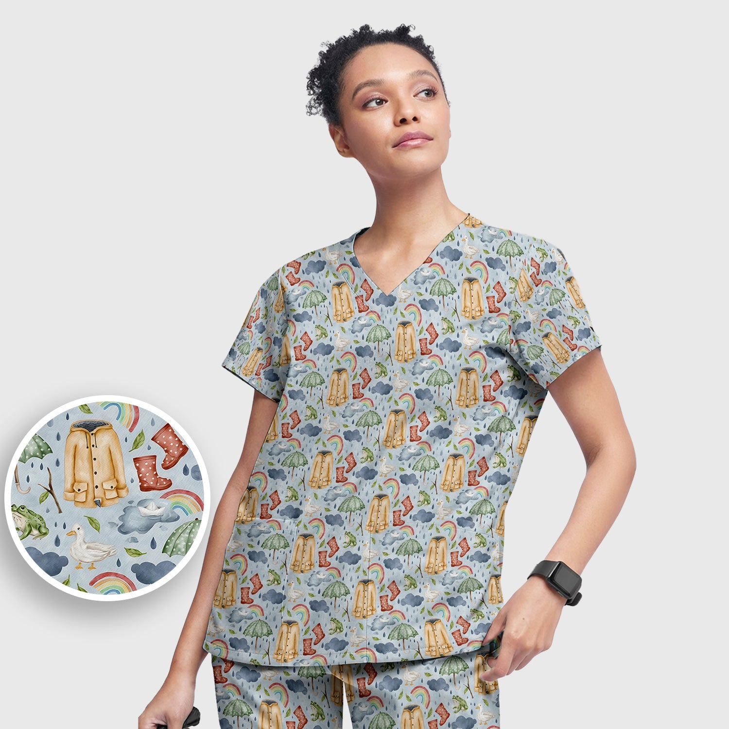 Cute Rainy Day Ducks & Frog Rainbow Pattern Scrub Set, Scrub Pants and V Neck Top