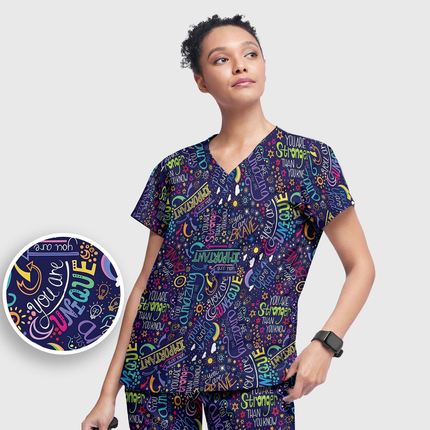 Inspirational Quote Pattern Scrub Set, Scrub Pants and V Neck Top