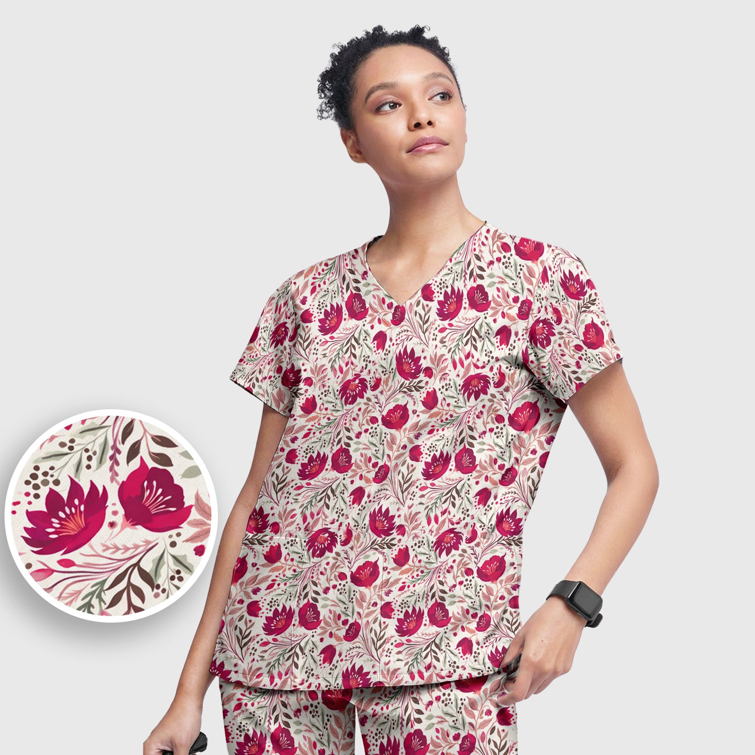 Elegant Floral Botanical Pattern Scrub Set, Women's Scrub Sets
