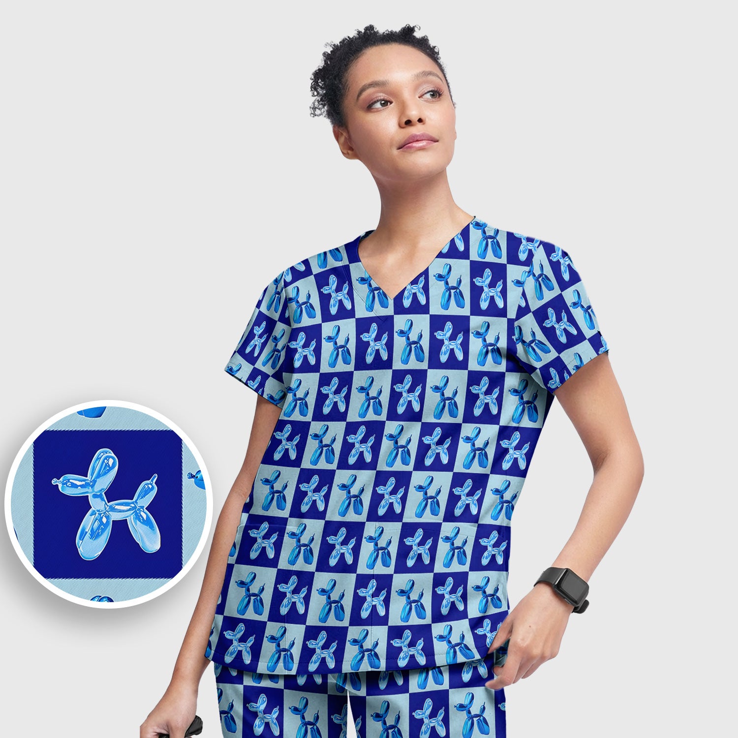 Cute Blue Balloon Dog Checkered Pattern Scrub Set, Women's Scrub Sets