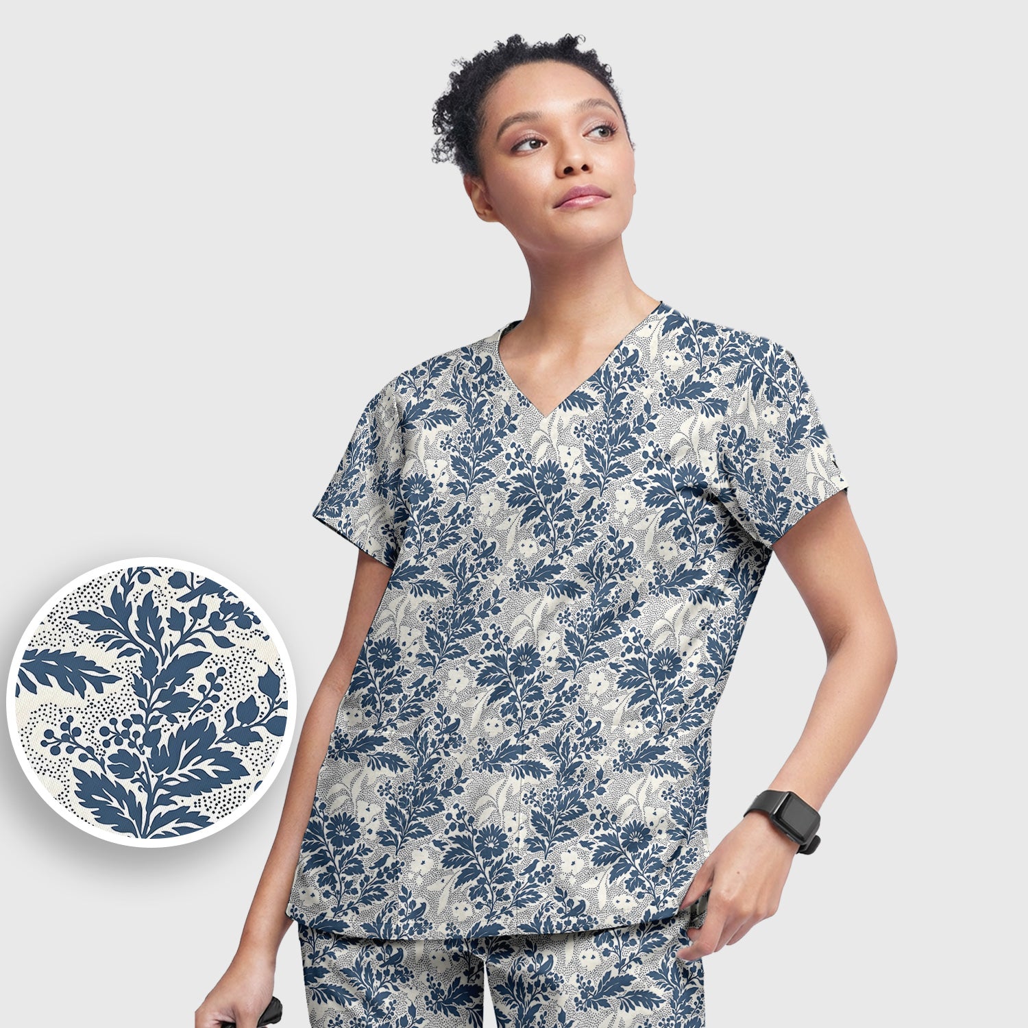 Cute Blue Floral Botanical Nurse Pattern Scrub Set, Scrub Pants and V Neck Top