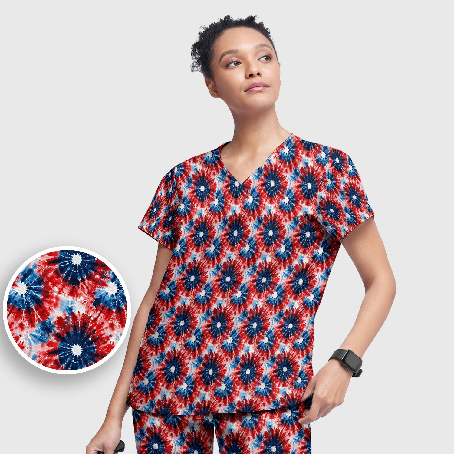 Festive Nurse Tie Dye Firework Burst Pattern Scrub Set, Scrub Pants and V Neck Top