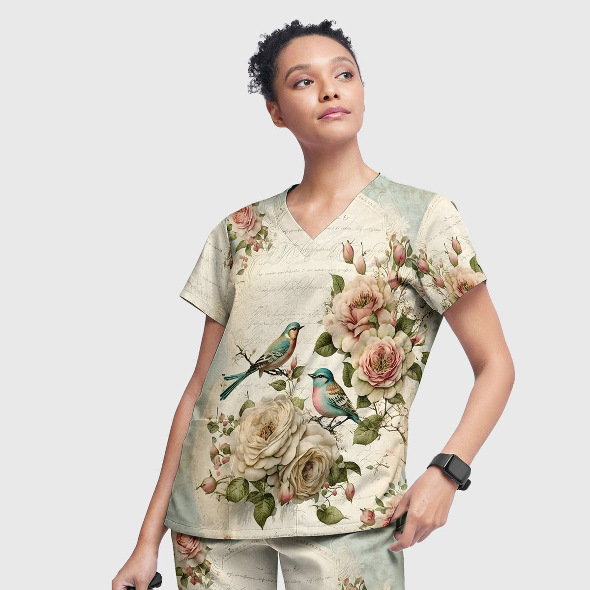 Vintage Birds Rose Pattern Scrub Set, Scrub Pants and V Neck Top